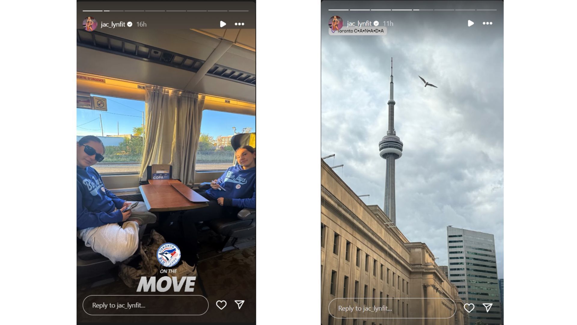 Jaclyn Cordeiro's Instagram Story showcasing their travel to Toronto (Source: Instagram @jac_lynfit)