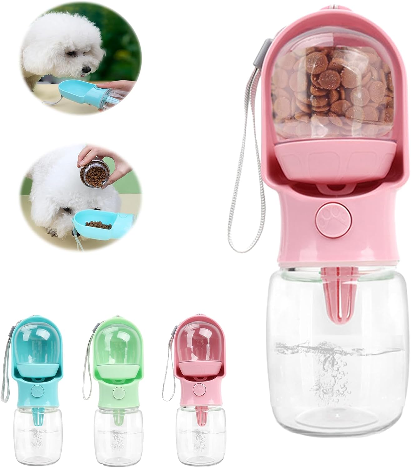 11oz Portable Dog Water Bottle with 6oz Food Container – Leakproof Travel Dispenser for Cats, Dogs & Service Animals, Dog Walking Accessories-Pink