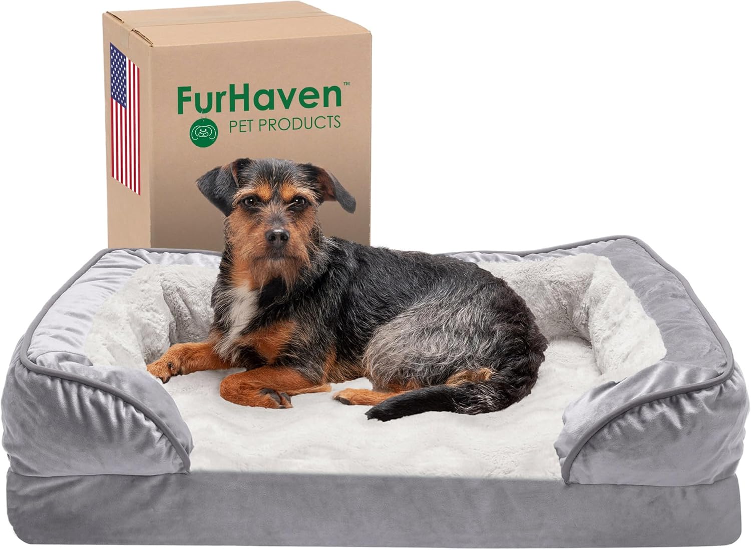 Furhaven Memory Foam Dog Bed for Medium/Small Dogs w/ Removable Bolsters & Washable Cover, For Dogs Up to 35 lbs – Plush & Velvet Waves Perfect Comfort Sofa – Granite Gray, Medium