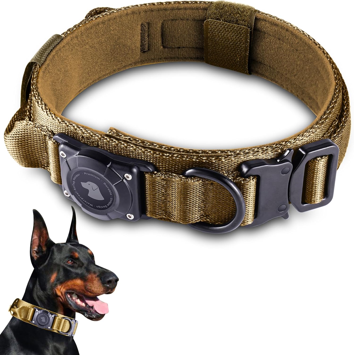 2025 Upgrade Waterproof AirTag Dog Collar, Military Tactical Dog Collar with AirTag Holder, Comfortable Control Handle and Metal Buckle, GPS Dog Collar Holder for Medium to Large Dogs (Khaki, M)