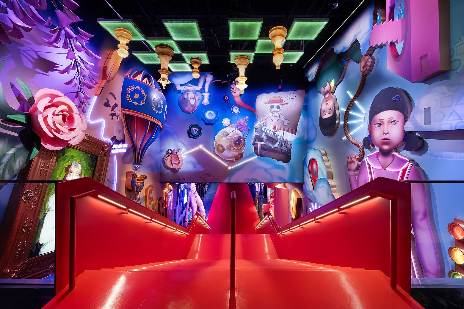 Netflix House atrium, bursting with iconography and characters from Squid Game and other Netflix shows.