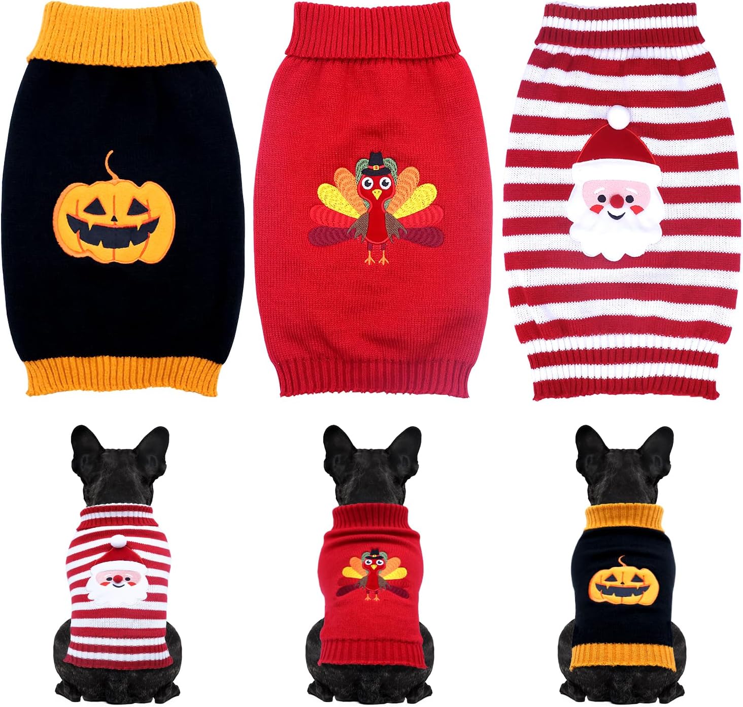 3 Pack Halloween Thanksgiving Christmas Dog Cat Knit Sweater Set – Dog Clothes with Santa Pattern Pumpkin Turkey Pets Costumes-Dog Fall Sweaters for Holiday(m)