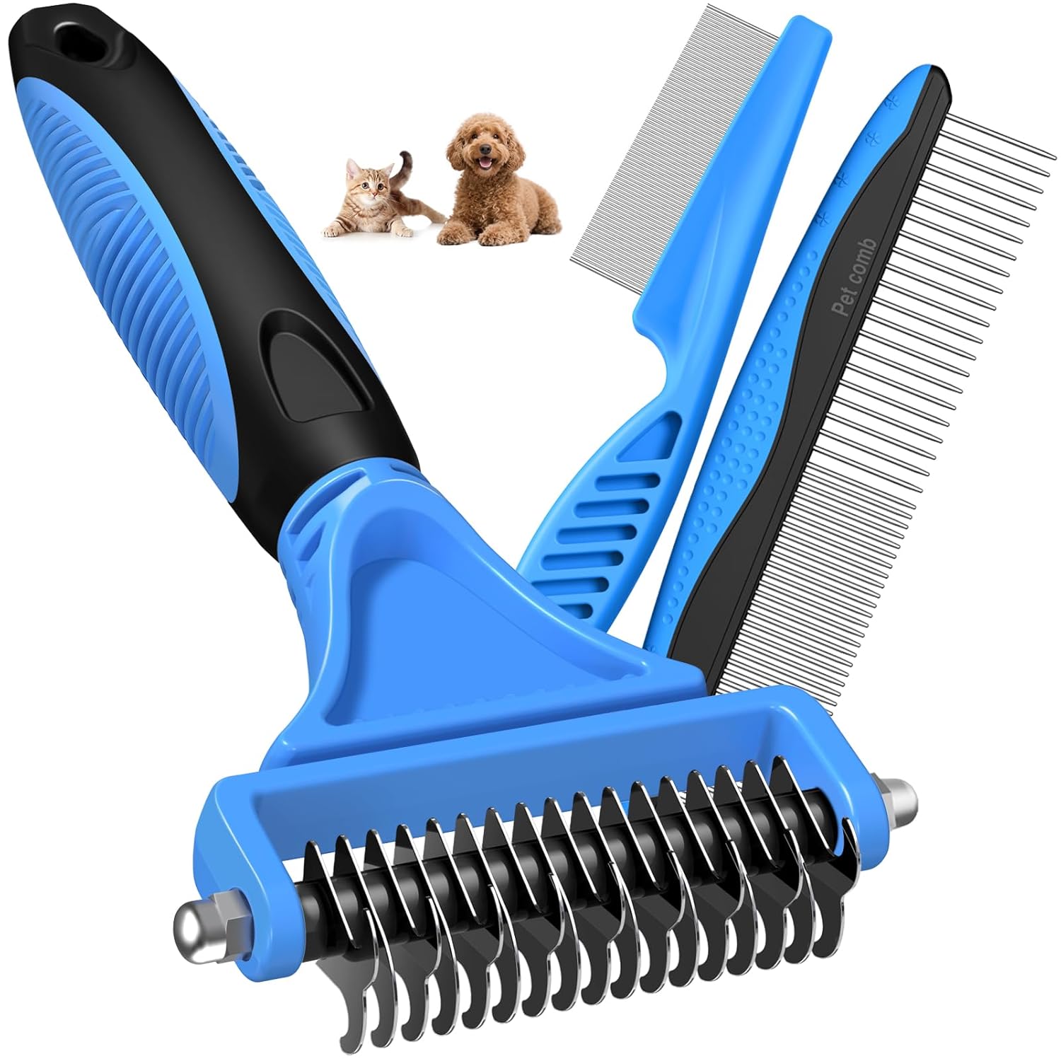 3PCS Pet Grooming Rake & Metal Comb & Flea Comb for Cats and Dogs, Double-Sided Dematting Tool, Extra-Wide Deshedding Dog Brush for Long Hair to Effectively Remove Tangles, Knots and Mats (Blue)