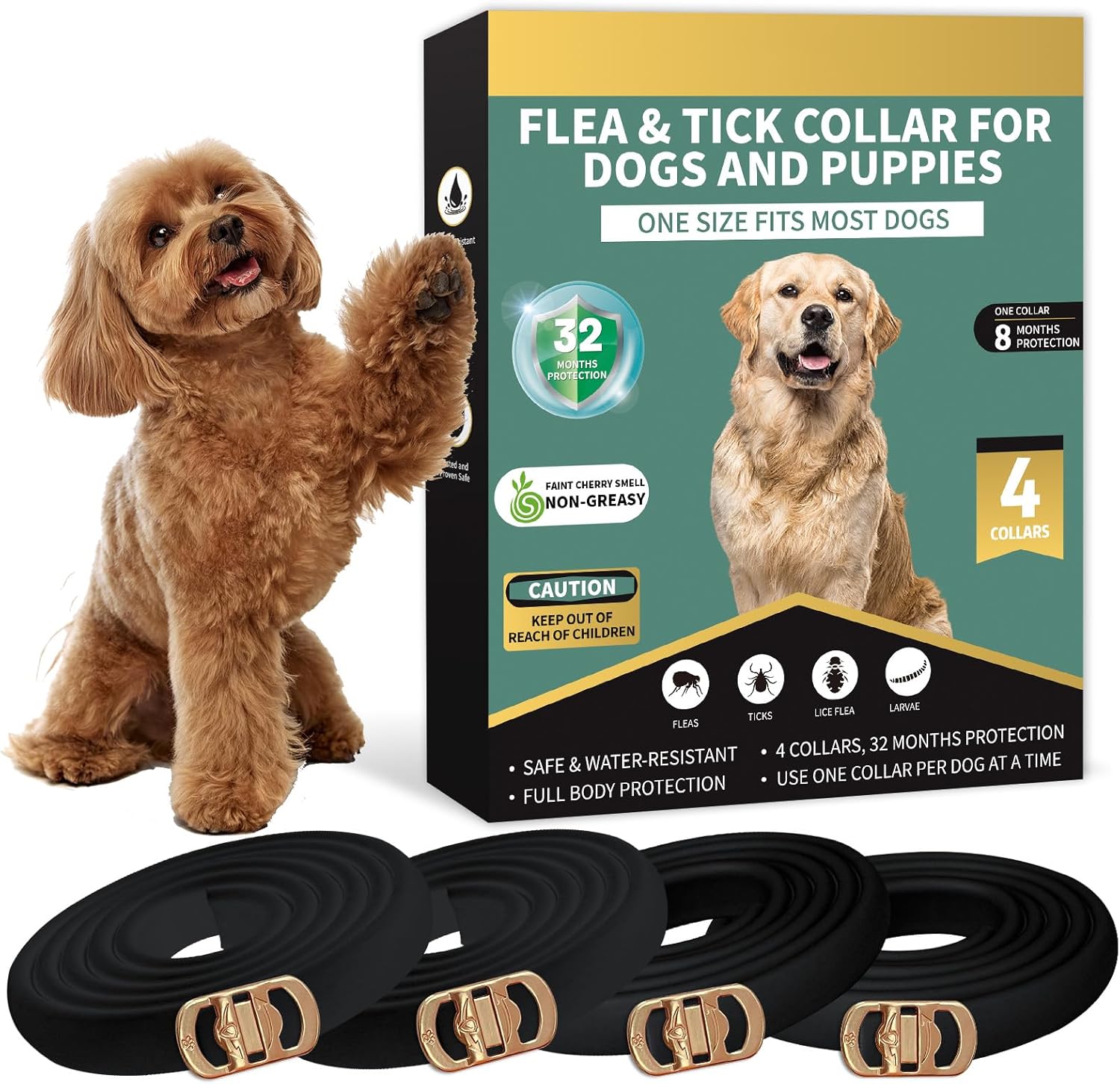 4 PCS Flea and Tick Collar for Dogs, 32 Months Protection Waterproof & Adjustable Dog Treatment Collar, Flea and Tick Prevention for Dogs & Puppies (Black)