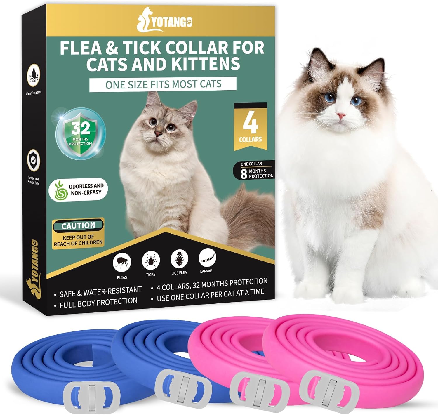 4 Pack Flea Collar for Cats, 32 Months Flea and Tick Prevention for Cats, Waterproof Cat Flea Collar, Natural Cat Flea and Tick Treatment, Adjustable Flea and Tick Collar for Cats Kittens(Blue&Pink)