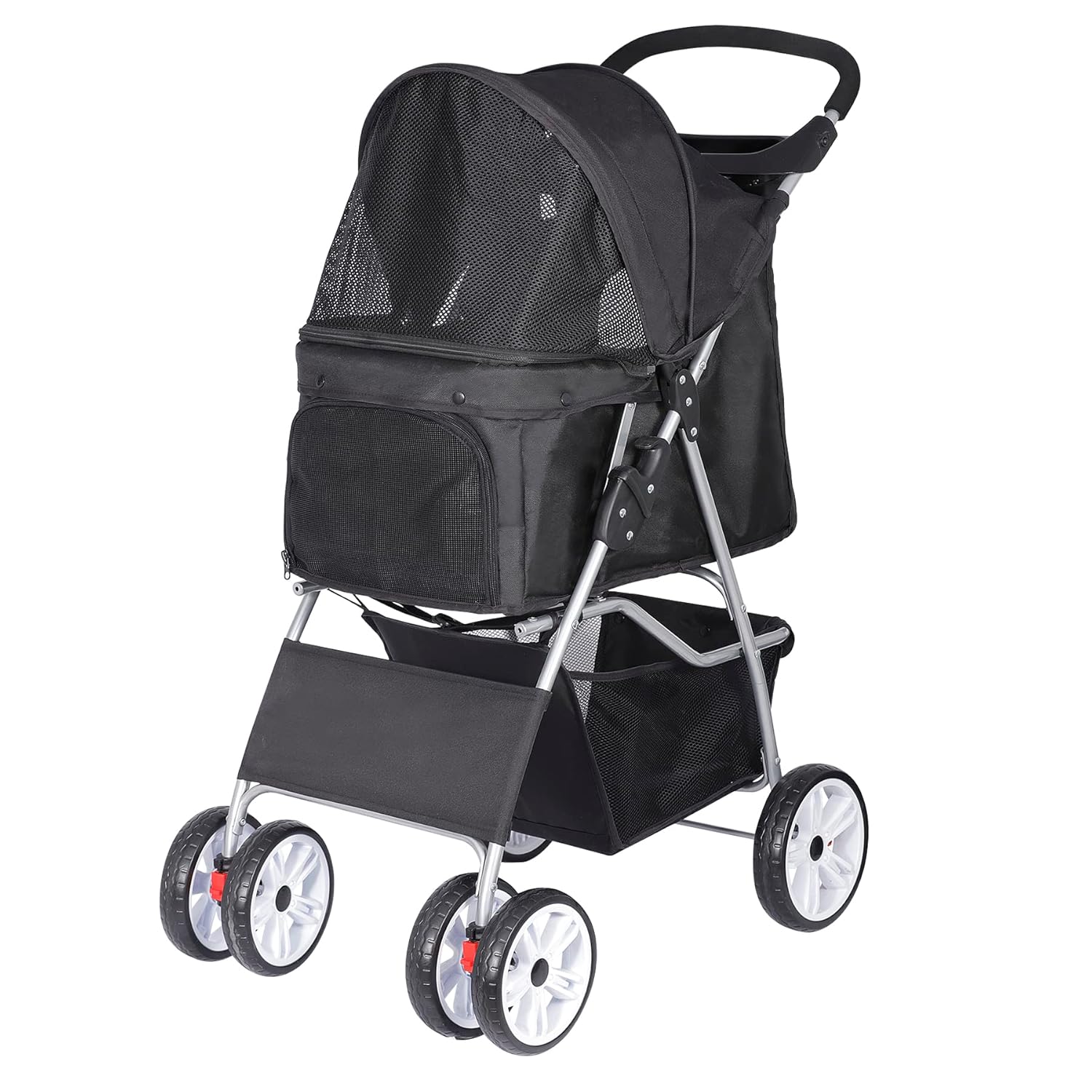 4 Wheels Foldable Pet Dog Cat Jogger Stroller Travel Carrier Strolling Cart w/Waterproof Cover Storage Basket Cup Holder & Removable Liner for Medium Small Cat Dog, Black
