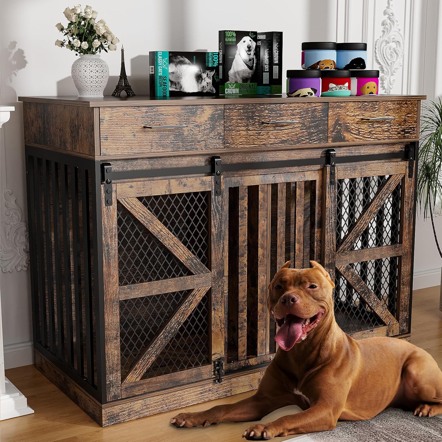 48” Dog Crate Furniture with Removable Divider & Storage Drawers, Wooden Double Dog Cage TV Stand with 2 Sliding Barn Doors, Multi-Functional Dog Crate End Table for Indoor Use