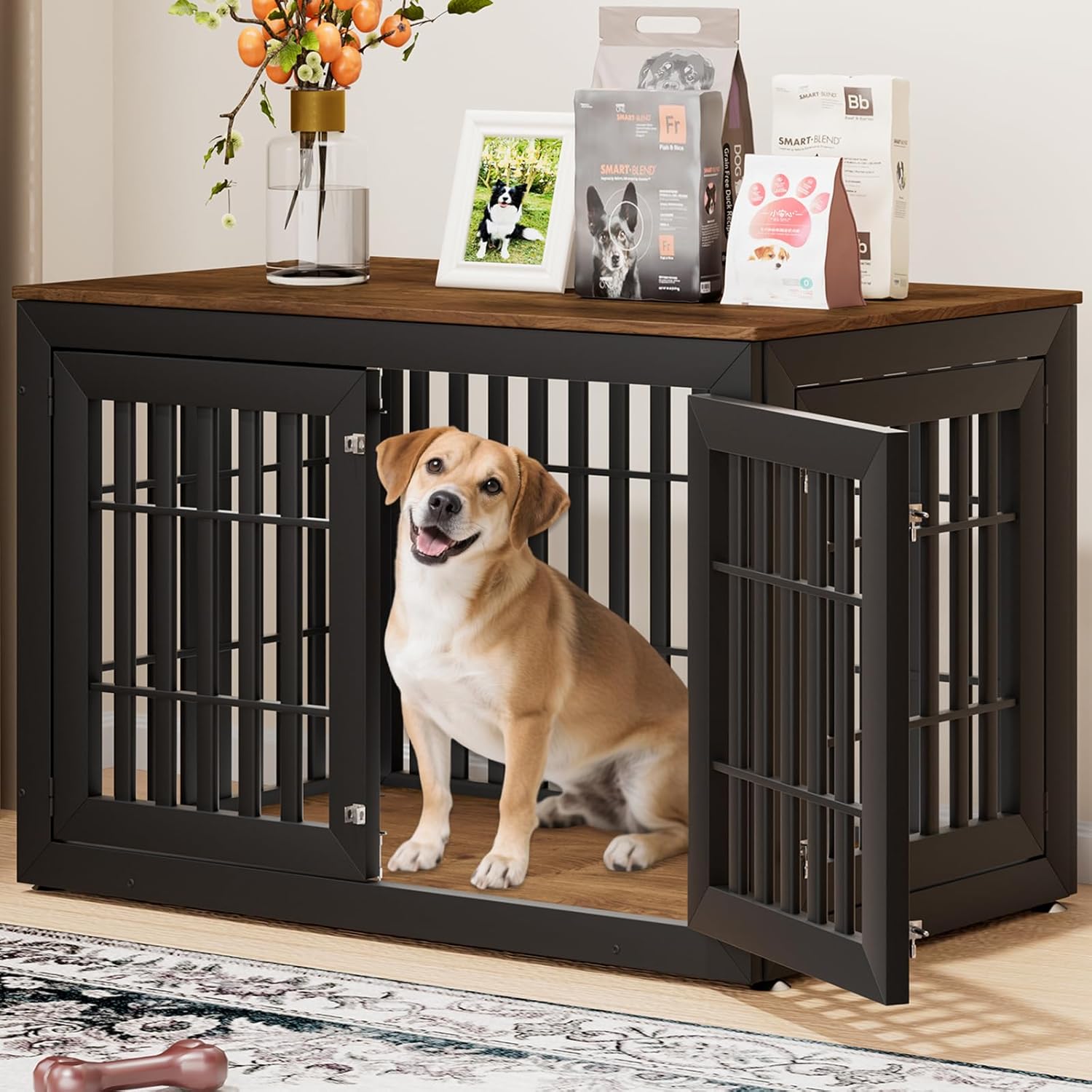 48″ Heavy Duty Dog Crate Furniture for Small,Medium and Large Dogs,Rustic Wooden Dog Cage Kennel Indoor Furniture with Waterproof Top,Decorative Pet House Side End Table (Black & Wood)