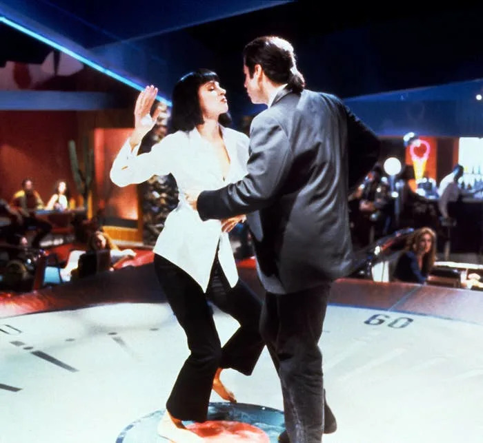 Uma Thurman and John Travolta dancing in a scene from "Pulp Fiction"