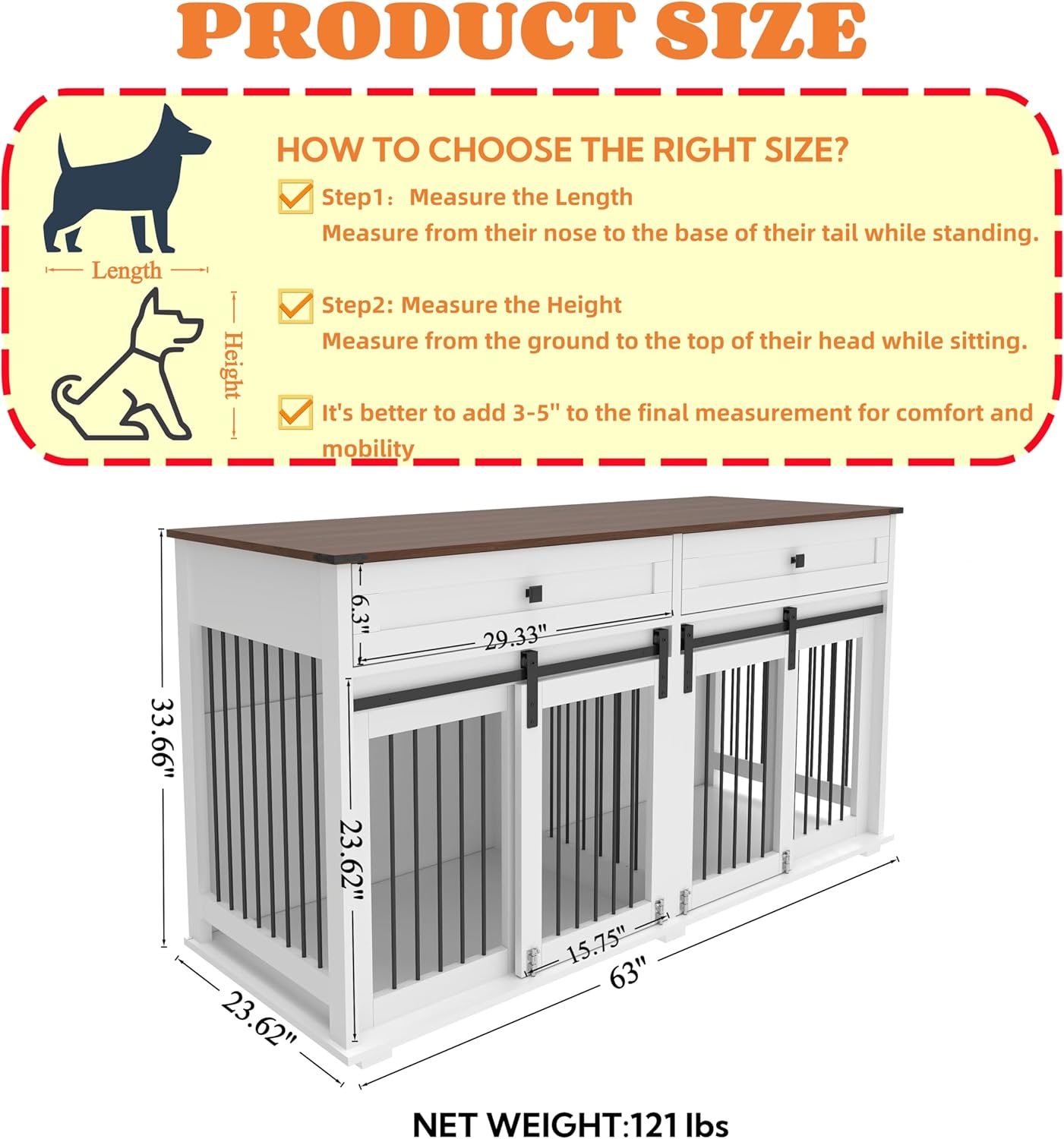 63” Double Dog Crate Furniture for 2 Dogs, XXL Wooden 2 Dog Kennel, Wooden Dog Kennel with 2 Drawers,Divider and Sliding Door, Indoor Furniture Style Dog Crate End Table, White