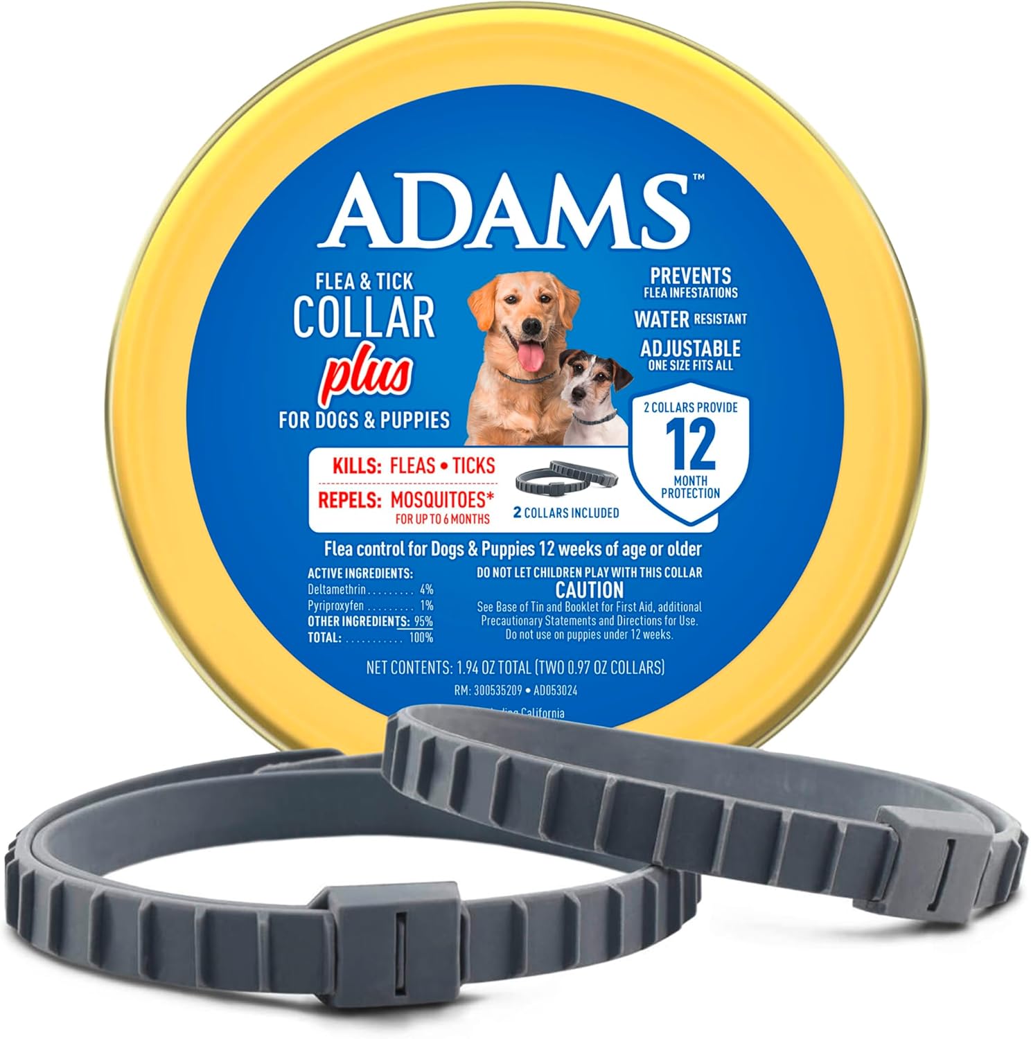 ADAMS Flea & Tick Collar for Dogs & Puppies, 2 Pack, 12 Month Protection, Adjustable One Size, Kills Fleas, Ticks & Repels Mosquitoes, Excluding California