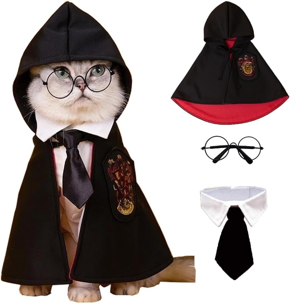 ANIAC 3PCS Halloween Dog Costume Cat Wizard Cape Glasses and Necktie Set Halloween Puppy Outfit Pet Academy Academy Magician Cosplay Apparel for Kitten Cat Small Dogs (Black+Red, Medium)