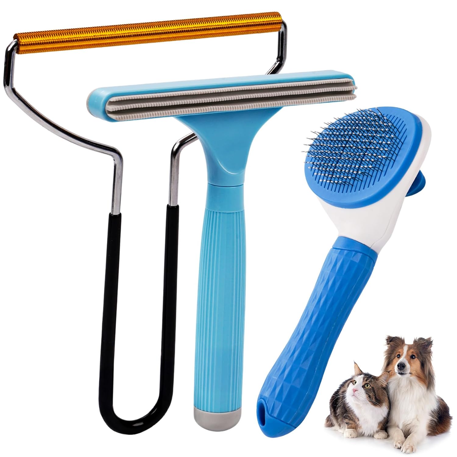 Analan 3-in-1 Pet Hair Remover & Grooming Set for Dogs & Cats – Self-Cleaning Brush for Shedding, Cat Brush, Metal Fur Remover for Couch Carpet & Car, and Rubber Tool for Clothes & Bedding