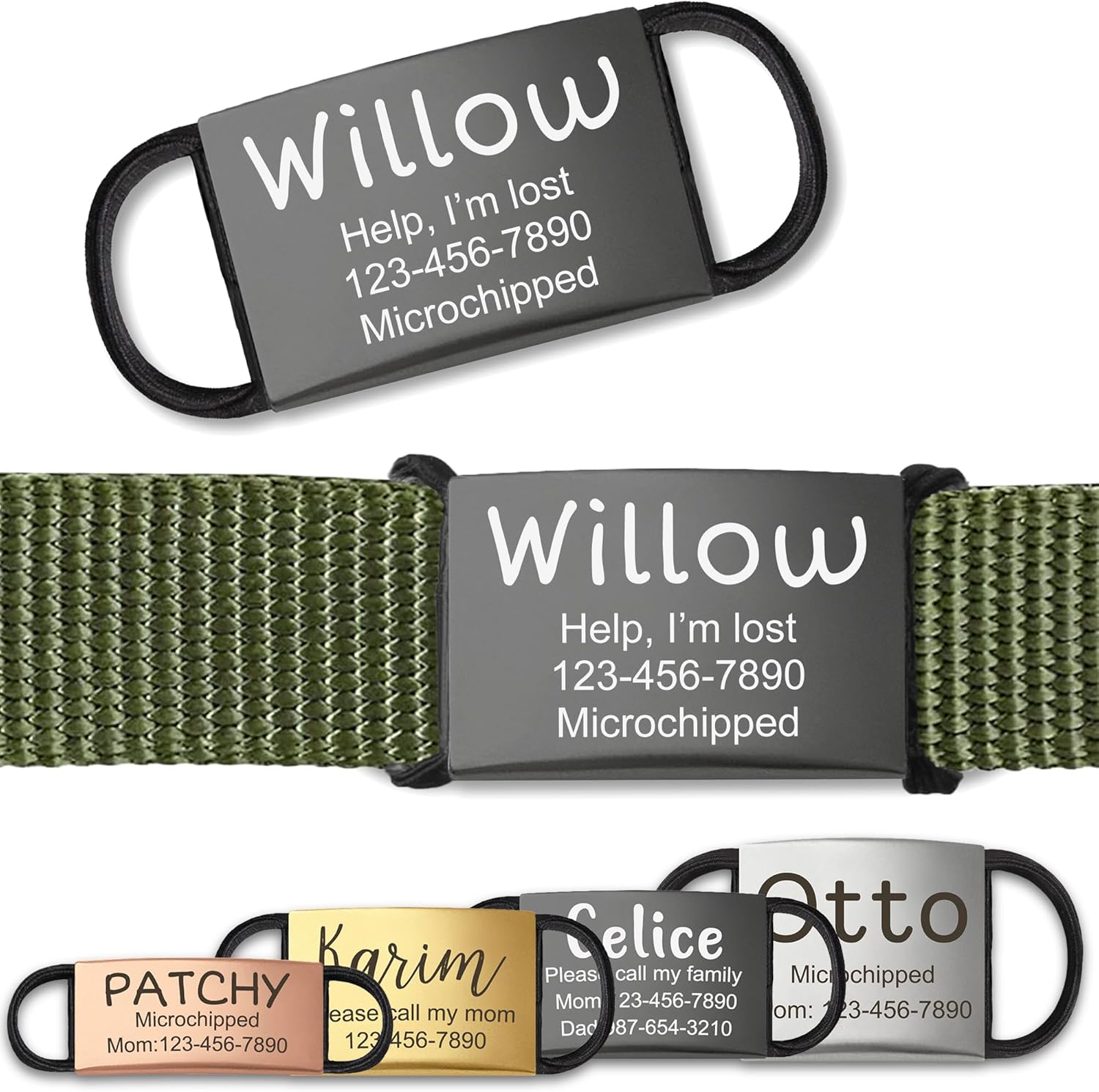 Anavia Slide On Silent Pet ID Tags, S/M/L/XL Personalized Stainless Steel Cat Dog Tag with Elastic Fabric Band, Engraved Nameplate Quiet Chew-Proof Pet Collar Tag (Black, X-Large)