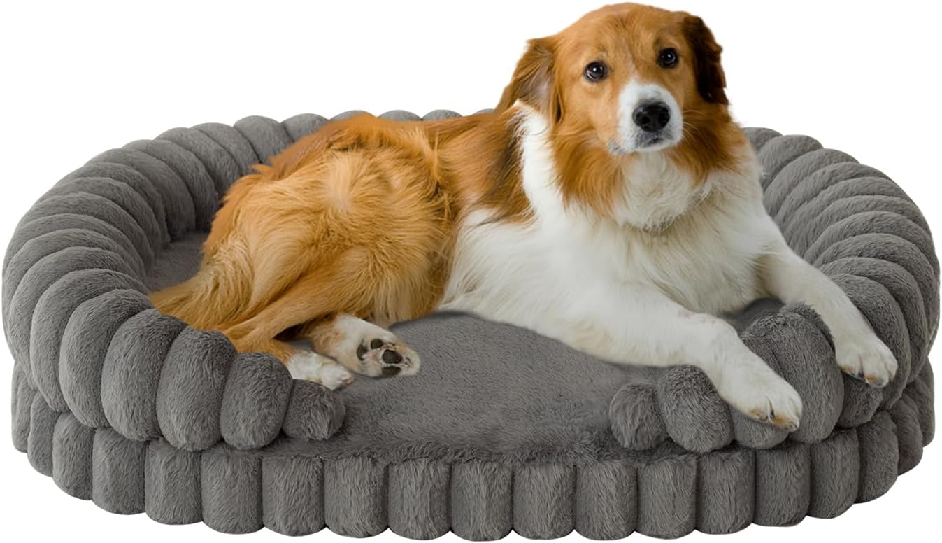 BALANCE Calming Dog Bed for Large Sized Dogs, 36 Inches Oval Washable Pet Bed with Sides, Orthopedic Pet Couch Sofa with Non-Slip Bottom, Gray