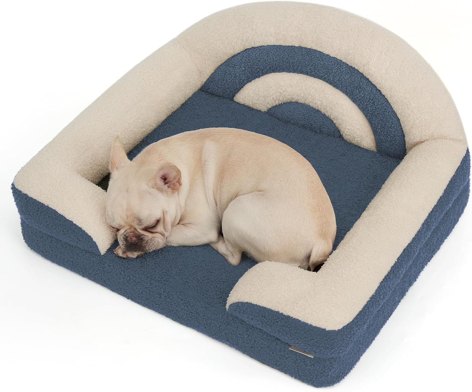 Blissful Diary Foam Dog Bed Medium Size, Pet Sofa with Washable Cover and Waterproof Liner, Soft Teddy Plush with Rainbow Design (Blue)