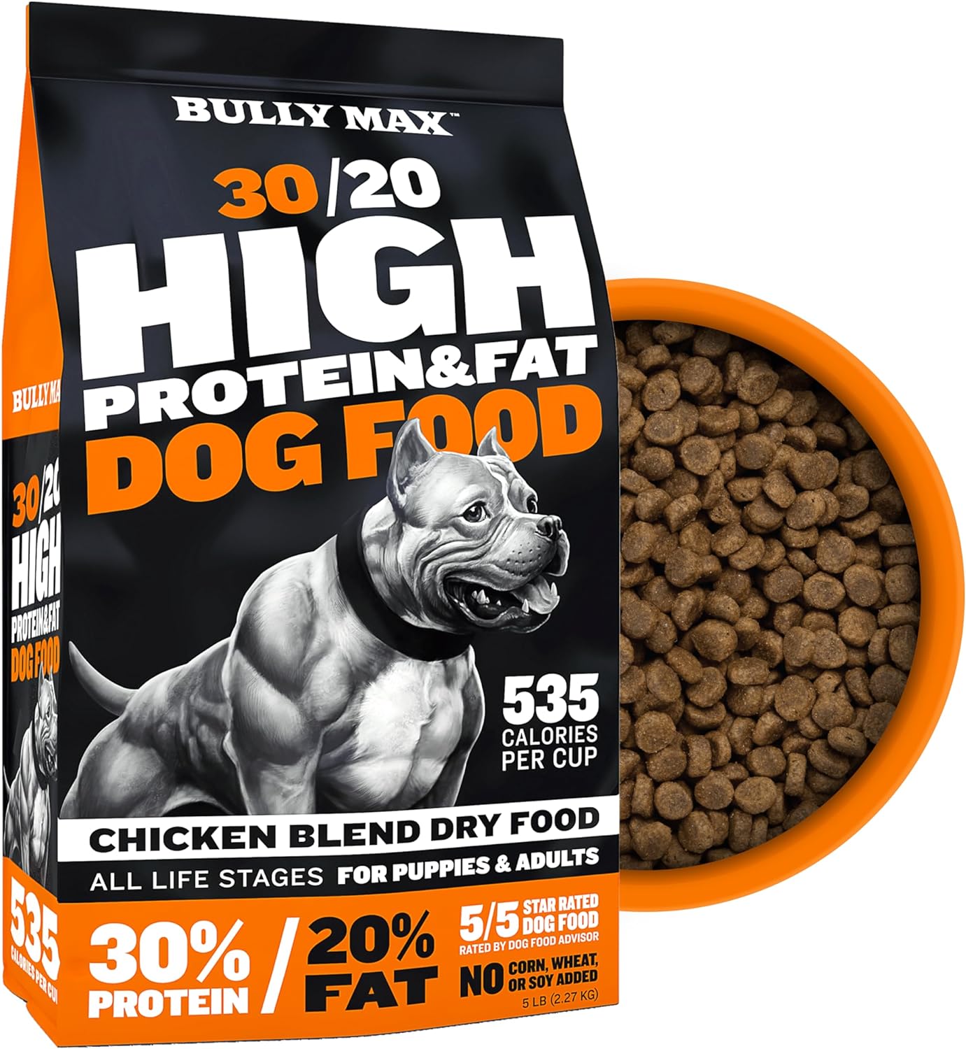Bully Max Dry Dog Food for Adults & Puppies – High Protein & Fat for Muscle & Weight Gain – High Performance Dog Food Supplements – Small & Large Breed Dogs (535 Calories Per Cup), Chicken, 5lb Bag