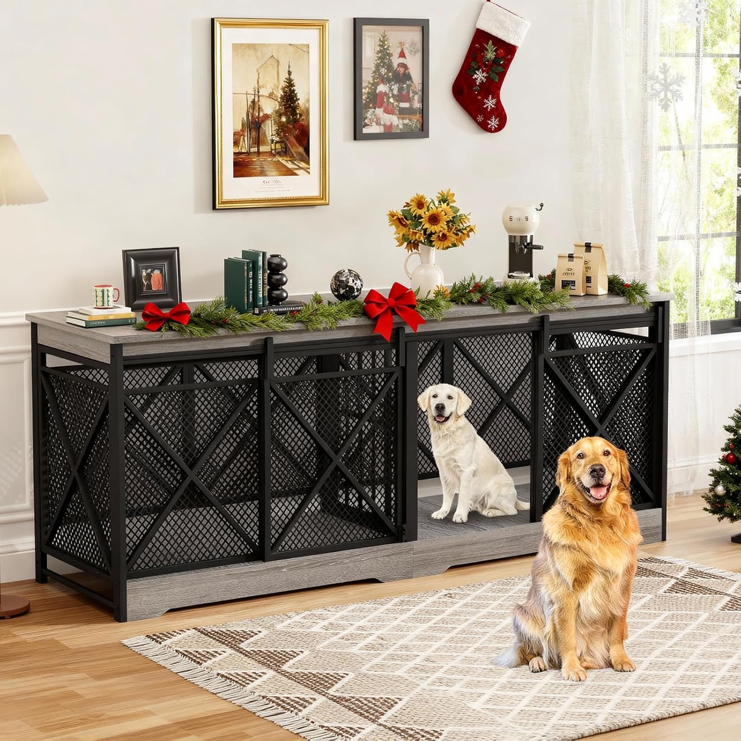 COZPAW 78 Inch Double Dog Crate Furniture, Extra Large Dog Kennel Indoor for Medium Large 2 Dogs, Heavy Duty Dog Cage Chew-Resistant Steel and Wooden Pet House with Removable Divider (Grey)