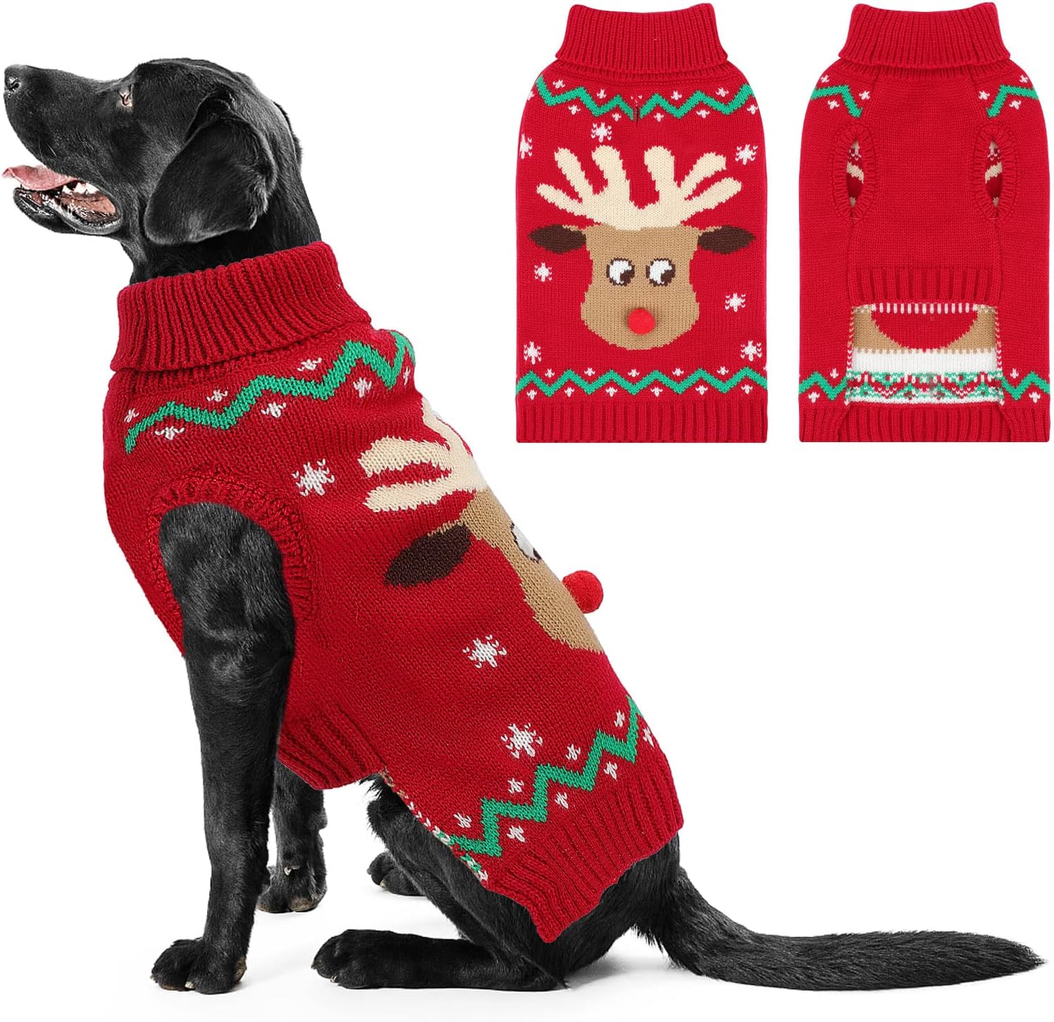 Christmas Dog Turtleneck Sweater Winter Reindeer Snowflake Sweater with Leash Hole Puppy Knitwear Pullover Holiday Sweaters for Small Medium Large Dogs L
