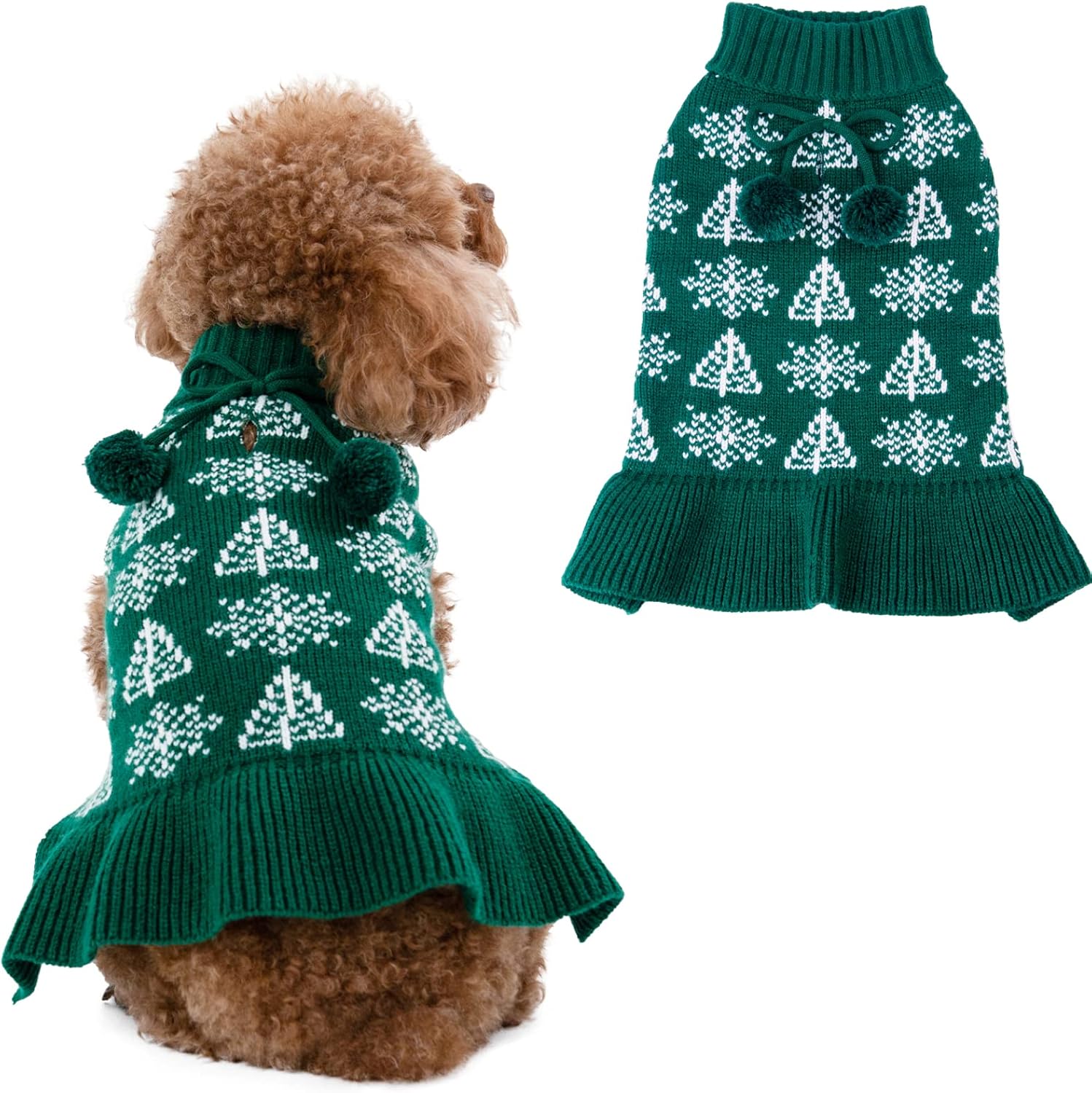 CuteBone Ugly Dog Christmas Sweater Dress Winter Knit Green Turtleneck Puppy Sweater with Craft Pom Pom Ball Pullover Ruffle Dress for Small Dogs