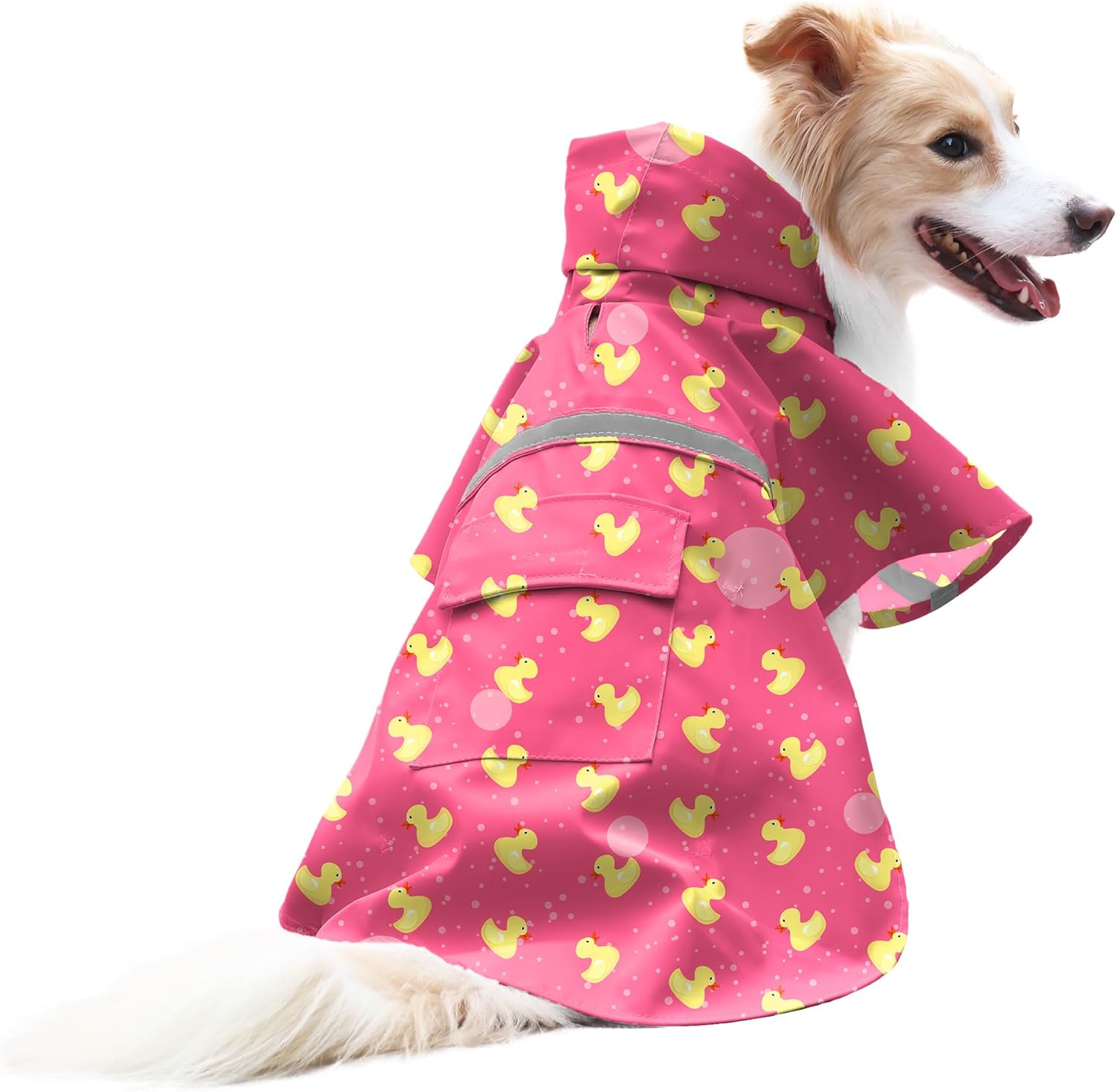DELIFUR Large Dog Raincoat- Waterproof Dog Rain Poncho Adjustable Double Layer Rain Jacket with Hood for Medium Large Dogs Designed with Leash Hole Reflective Strip and Ducks (Pink Duck, Large)