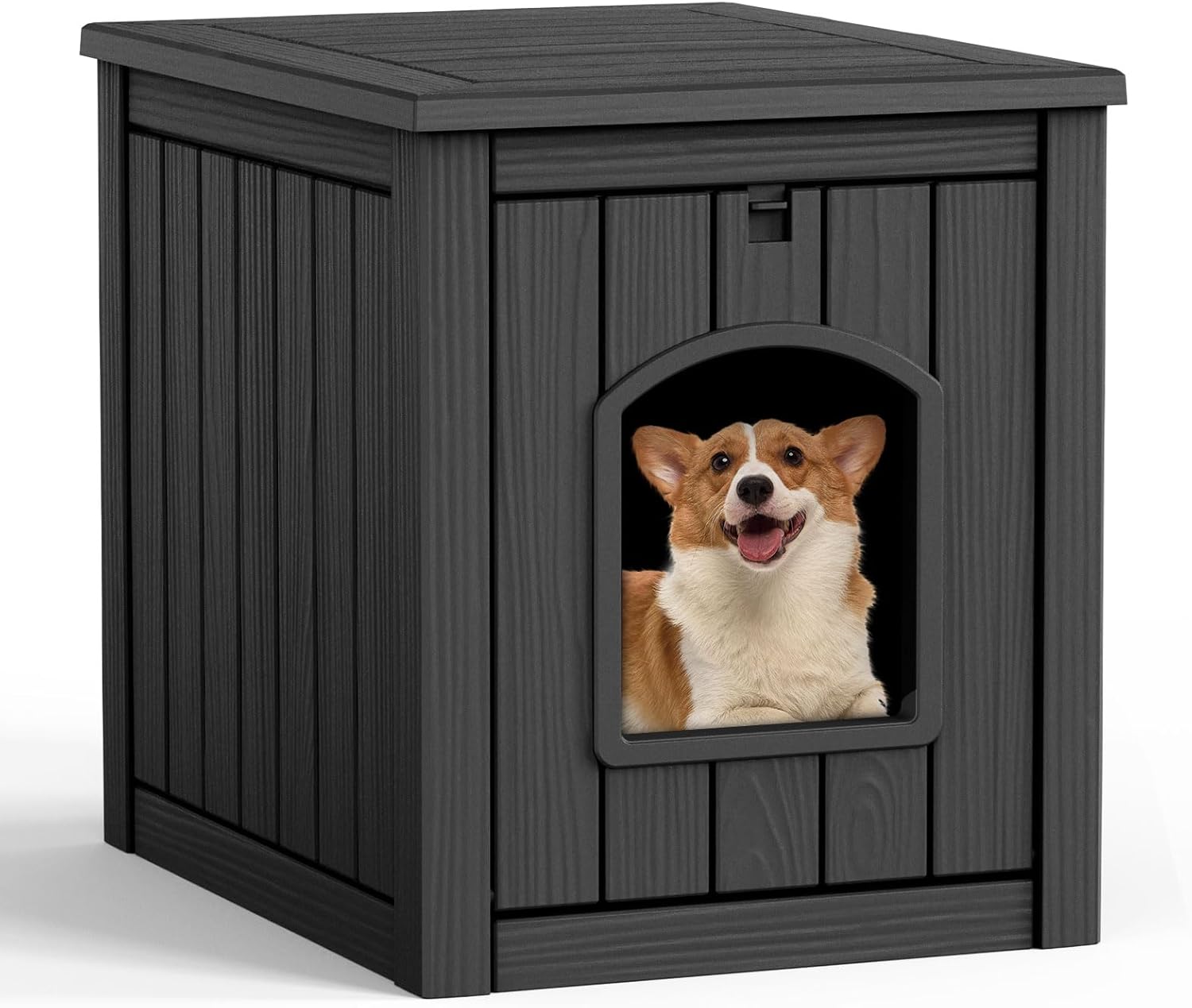 DRATO Outdoor Indoor Dog House,Resin Material Ventilate Waterproof Added to The Bottom,Multi-Functional Pet House for Small to Medium Dog(Black, Medium)