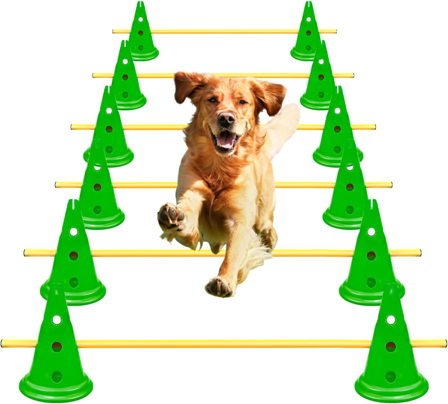 Dog Agility Hurdle Cone Set Dog Agility Course Backyard Set Include 12 Agility Cones 6 Agility Rods Dog Agility Training Equipment Height Adjustable Obstacle with Storage Bag