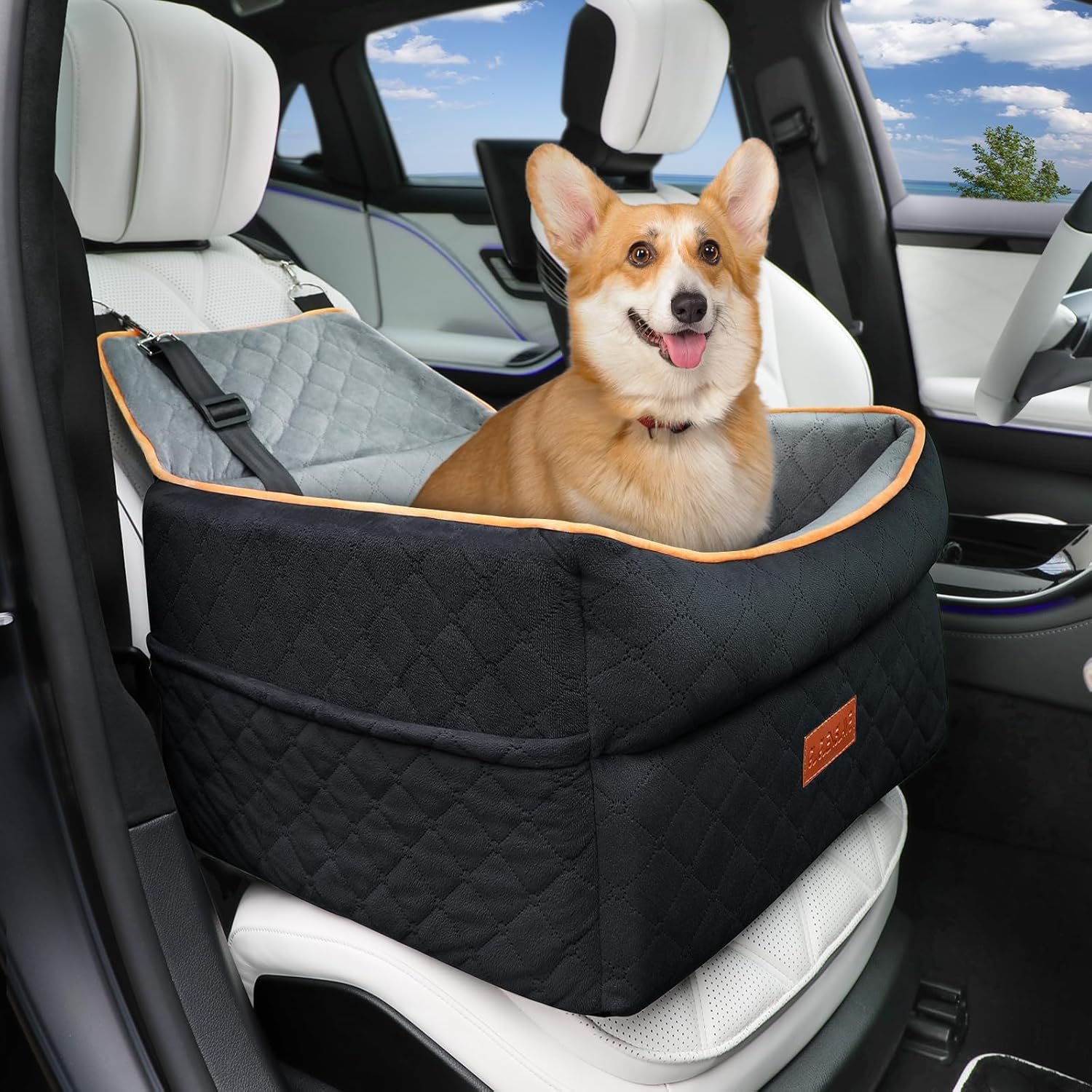 Dog Car Seat – Memory Foam Booster for Small Dogs 0-35 lbs, Anti-Slip with 2 Adjustable Leashes, Elevated Dog Travel Bed with Storage Pockets