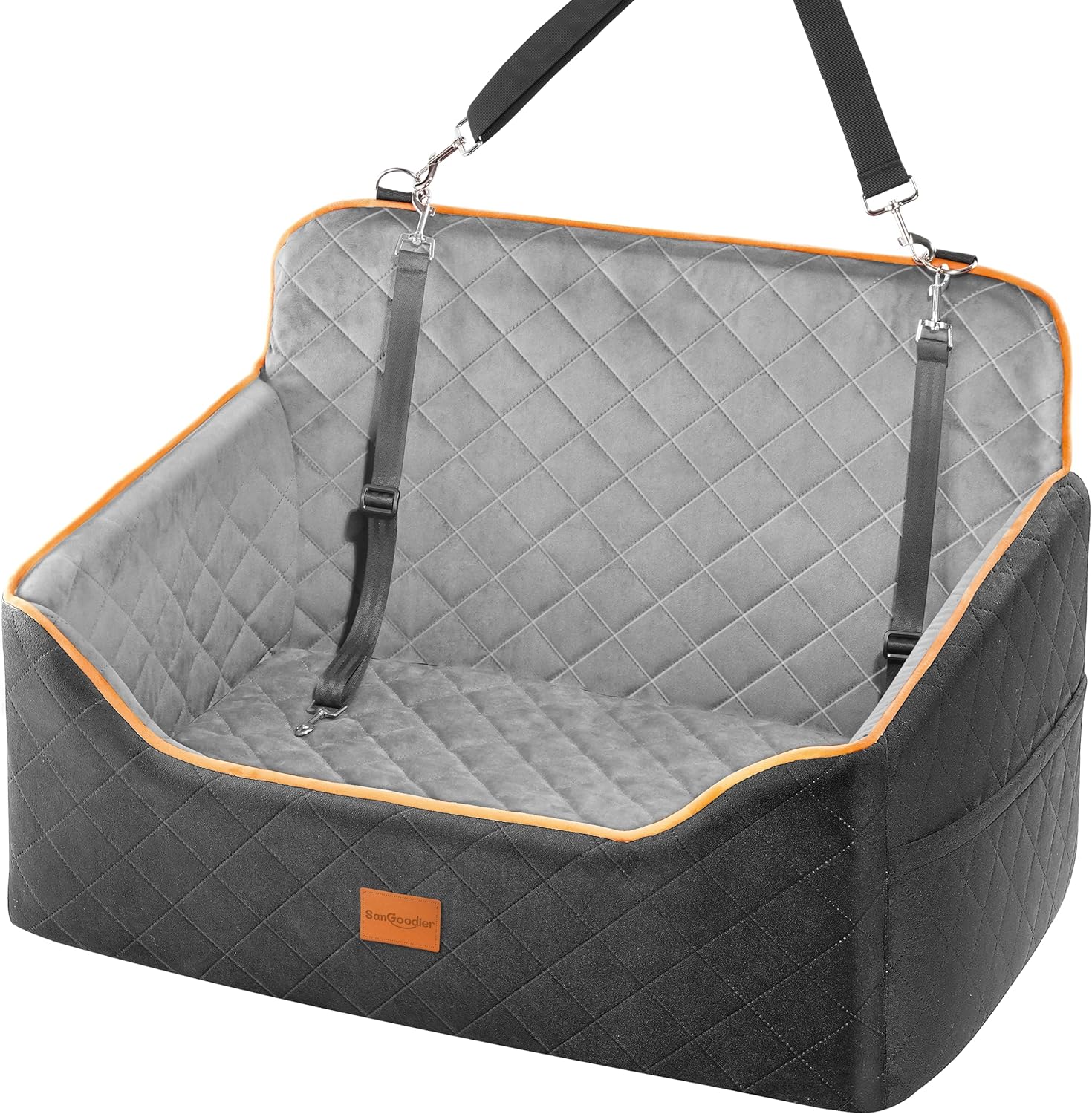 Dog Car Seat for Medium Dogs – Pet Car Seat with 2 Safety Straps & Waterproof Padding, Portable Pet Carrier for Cars, Trucks & SUVs, Comfortable Booster Bed for Pets Up to 55lbs (Black/Grey)