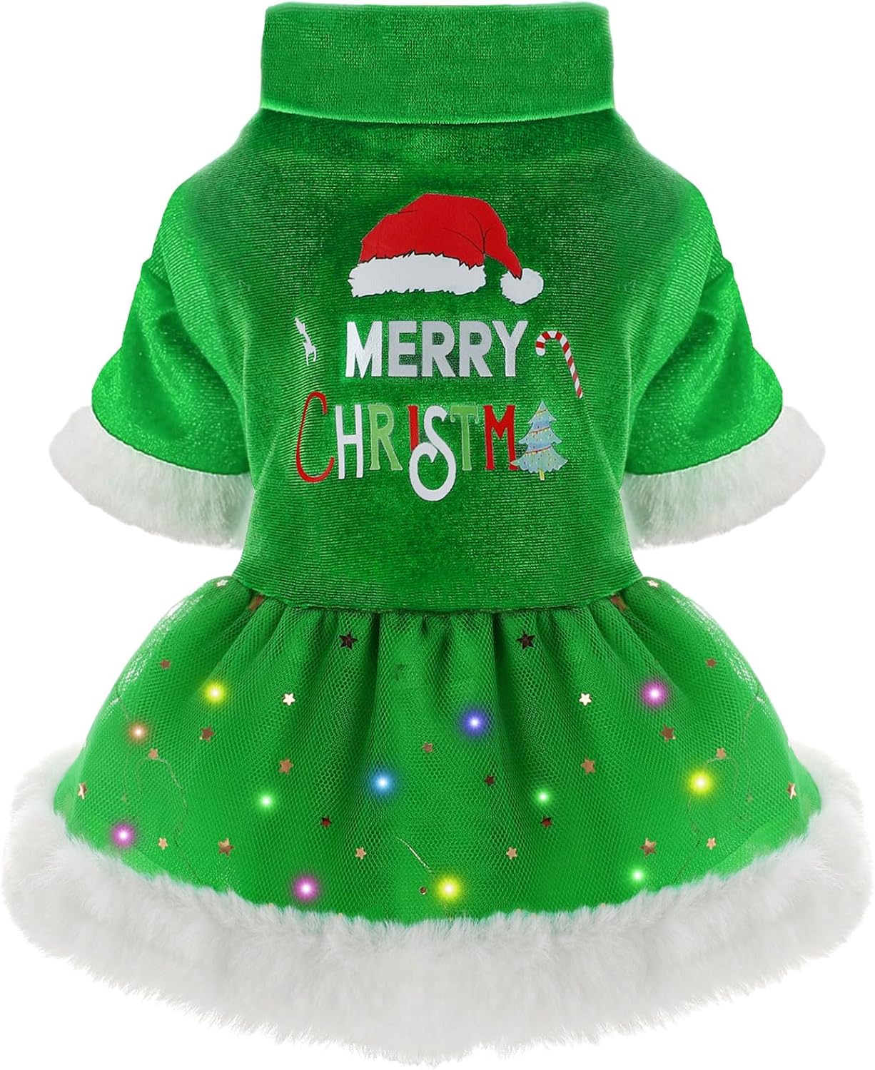 Dog Christmas Sweater Dress, LED Light Pet Christmas Outfit, Pet Clothes for Small Dogs Girl, Lightweight Velvet Puppy Dresses, Puppy Cat Apparel (X-Small, Green)