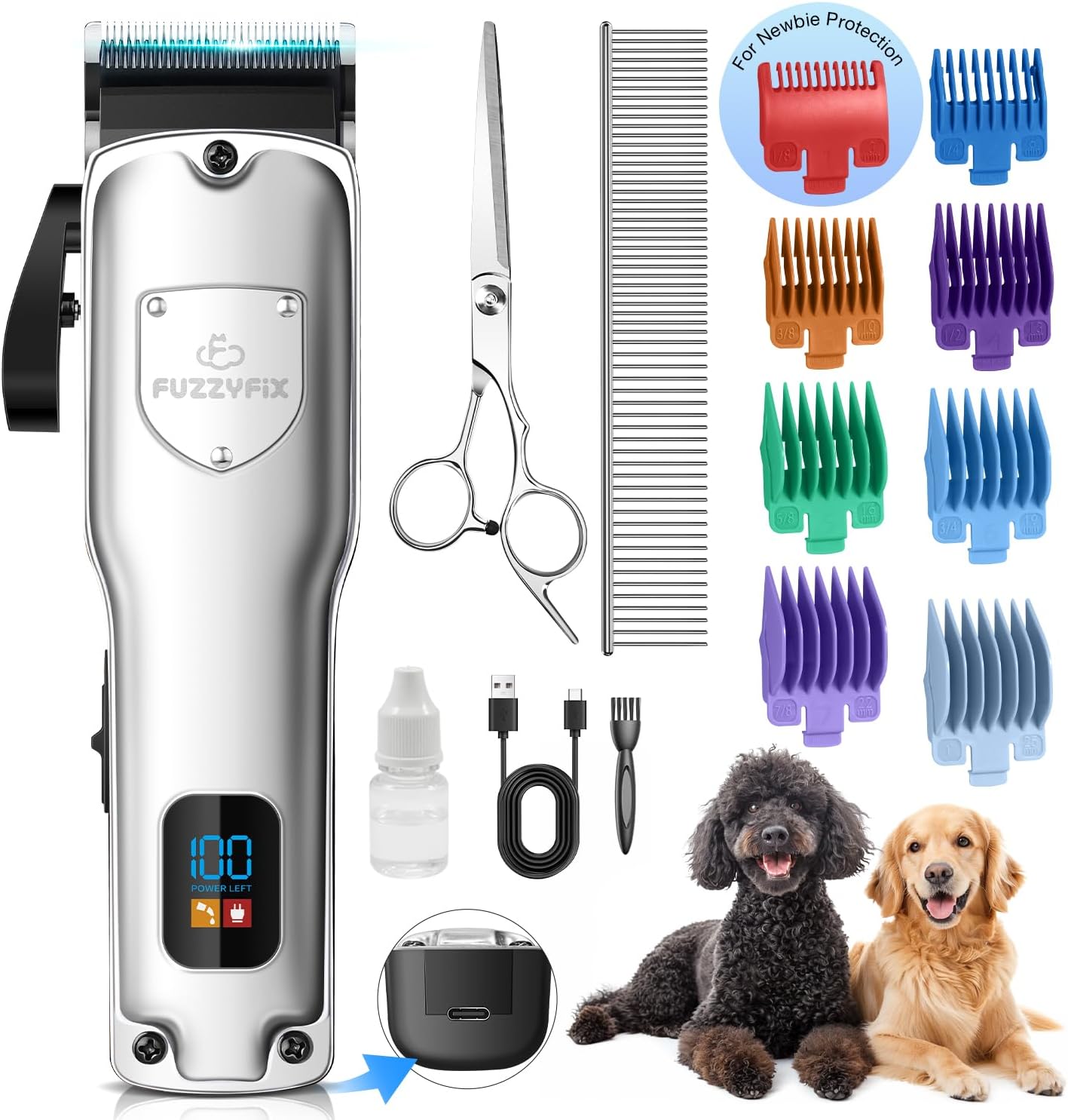 Dog Clippers for Grooming for Thick Heavy Coats, Professional Low Noise Dog Grooming Clippers Supplies Kit Rechargeable Stainless Steel Hair Trimmer with Ceramic Blade for Dogs Cats Pet