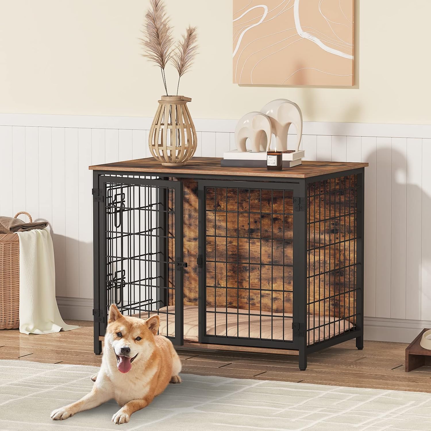Dog Crate Furniture with Cushion, Wooden Dog Kennel with Double Doors, Heavy Duty Dog Cage for Small/Medium/Large Dogs, Indoor Dog House End Table, 31.5″ L, Rustic Brown DCHR0701Z1