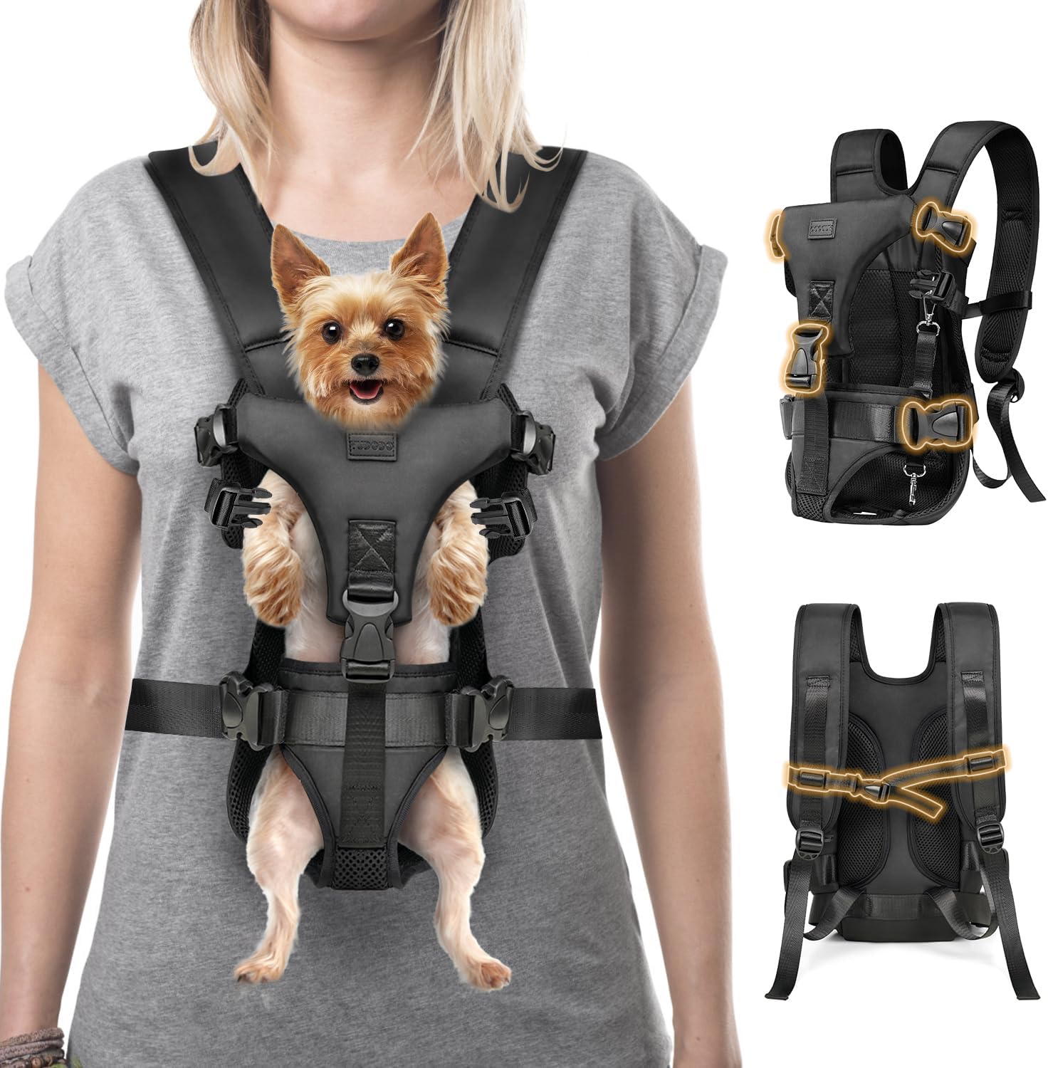 Dog Front Carrier Backpack, Legs Out Secure-Fit Pet Chest Carrier for Small Dogs (6-24 lbs), Adjustable Pet Carriers with Safety Belt, Hands Free Dog Backpack Carriers for Hiking Cycling (S, Black)