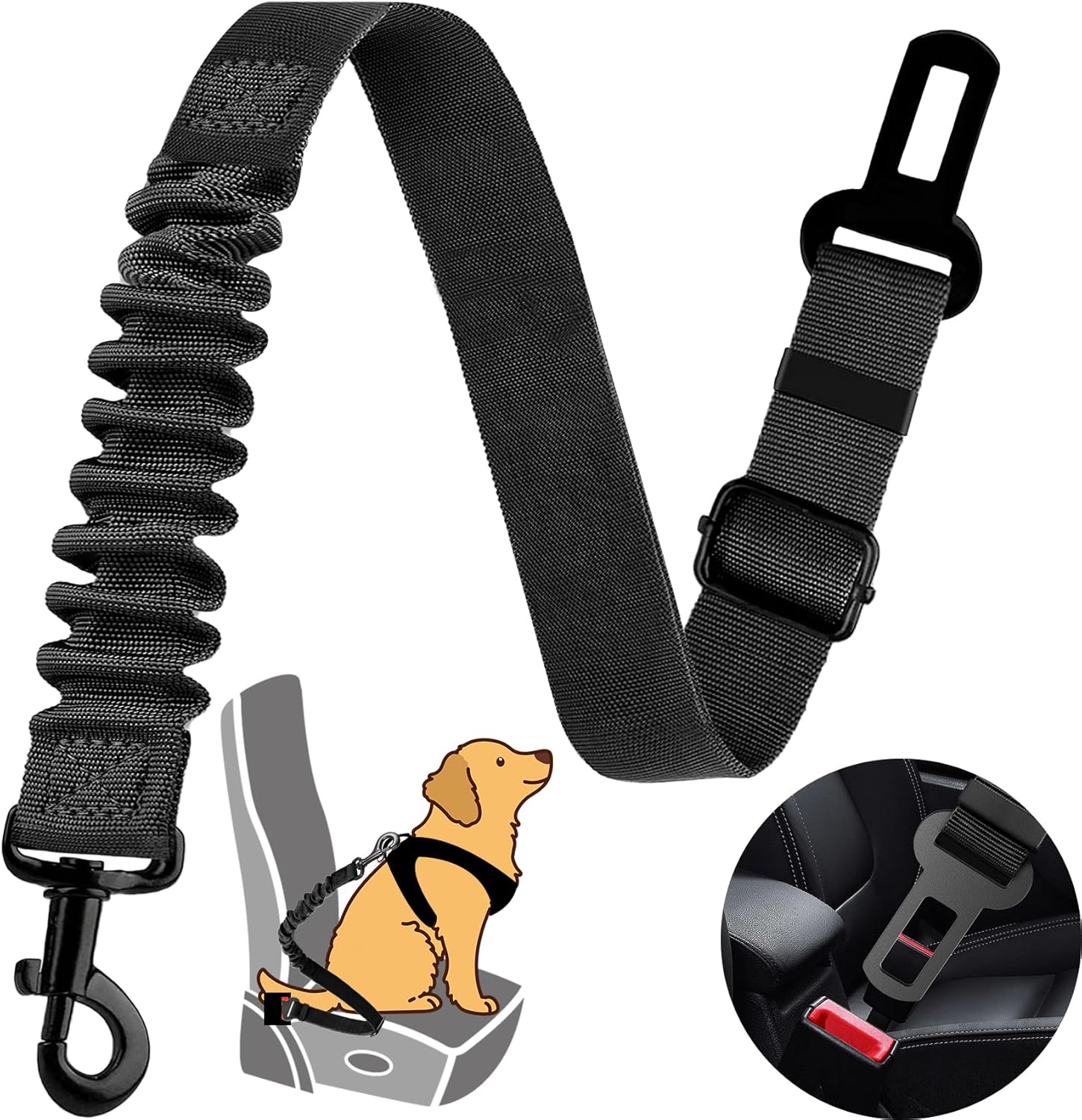 Dog Seat Belt Retractable Dog Car Harness 1 Pack Adjustable Elastic Bungee Buffer Heavy Duty & Durable & 360 Degree Swivel.