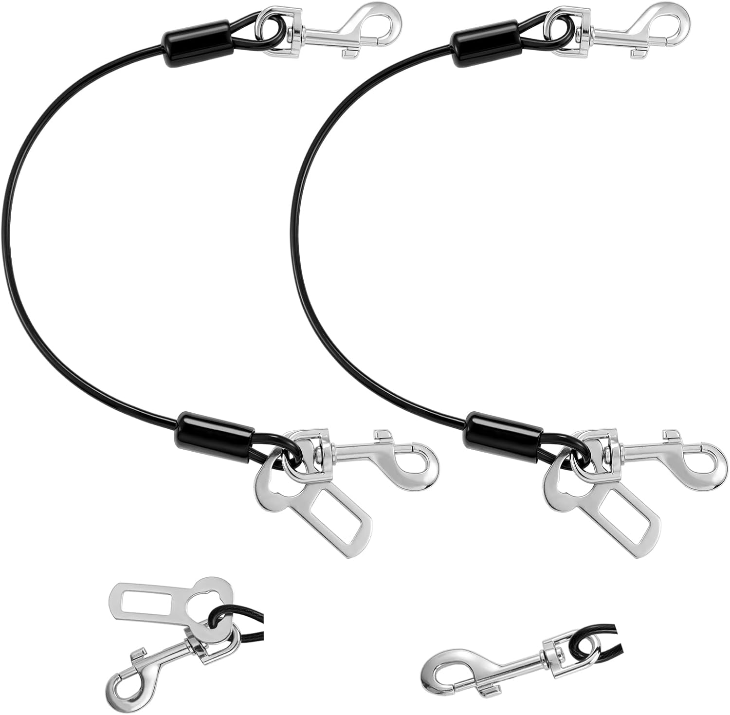 Dog Seat Belt for Car, 16″ Chew-Proof Coated Wire Dog Car Leash Seat Belt, Dog Leash with Buckles and Latch, Safety Harness for Small, Medium, Large Dog or Cat, Travel, Black, 2 Pack