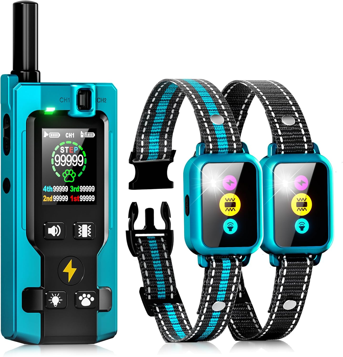 Dog Shock Collar for 2 Dogs 4200FT: Innovative Step Counter & Smart Color Screen Dog Training Collar with Remote 5 Modes, IP67 Waterproof Rechargeable Ecollars for Large Medium Small Dogs