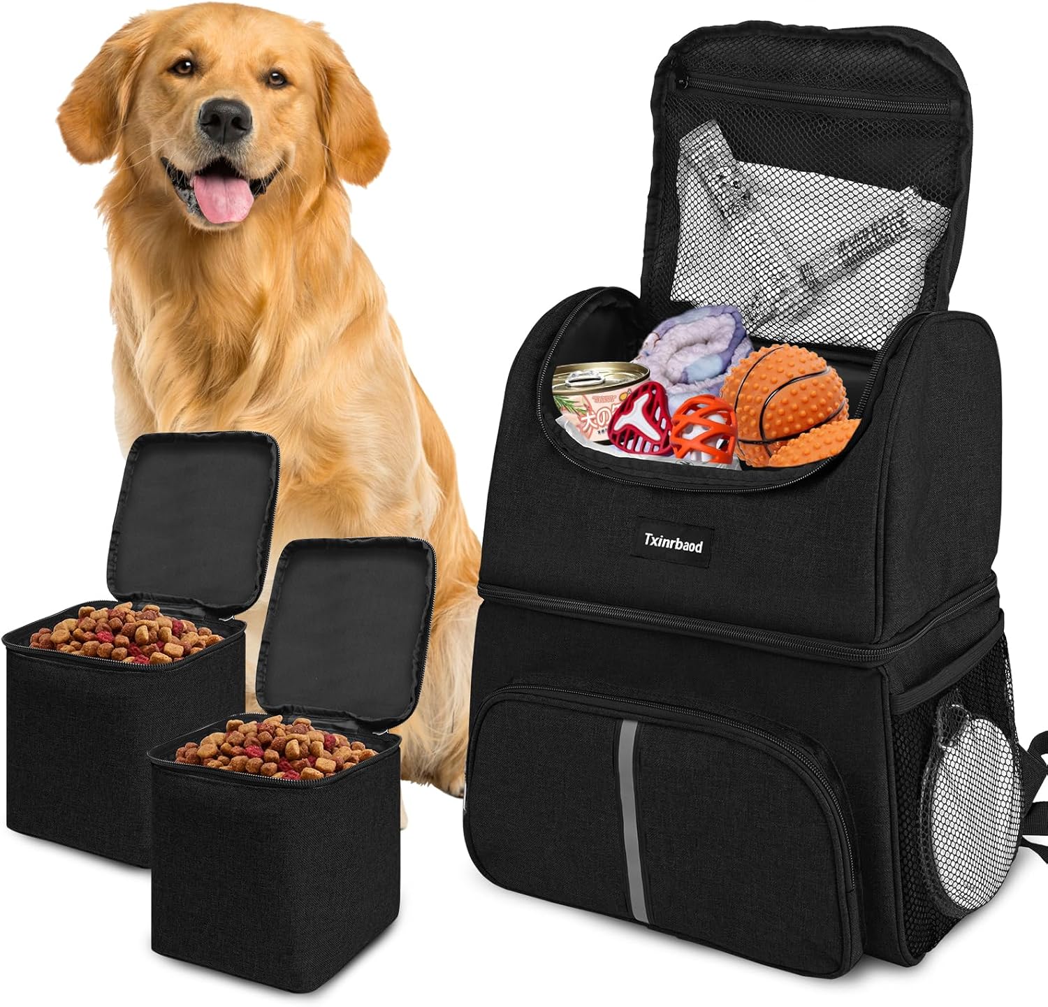 Dog Travel Bag for Supplies with Food Container Bag Dog Travel Backpack for Hiking Overnight Camping Trip Black