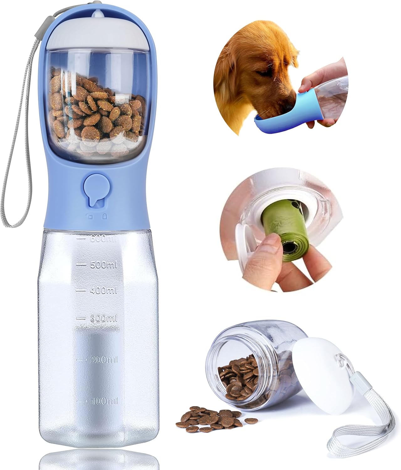 Dog Water Bottle with Food Container, Portable Pet Dog Water Dispenser for Outdoor Walking,Hiking,Travel,Puppy Essentials,Puppy Supplies,Replaceable Waste Bags