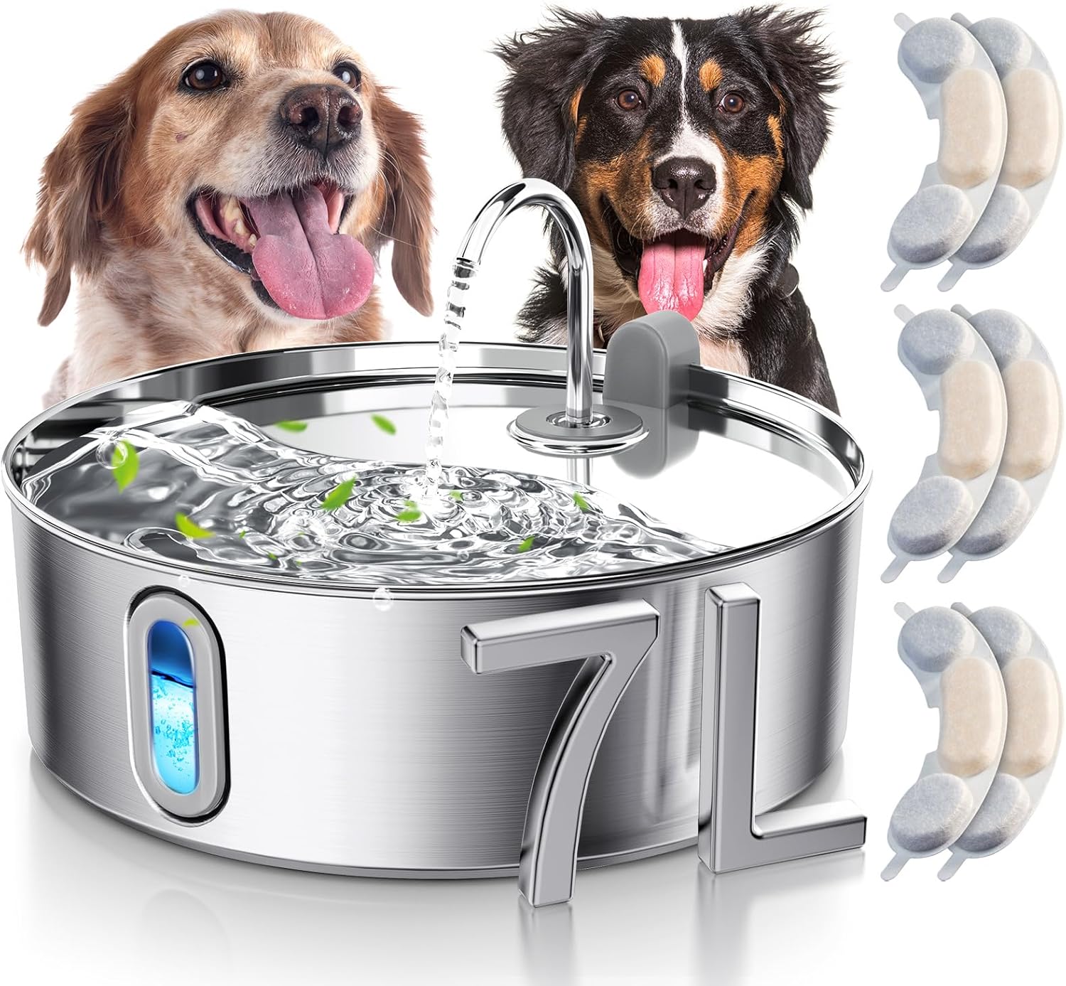 Dog Water Fountain for Large Dogs 7L/236oz Stainless Steel Dog Water Bowl Dispenser Automatic Cat Water Fountain with Deeper Drinking Area, Multi-Filtration Pet Fountain with 6 Filters