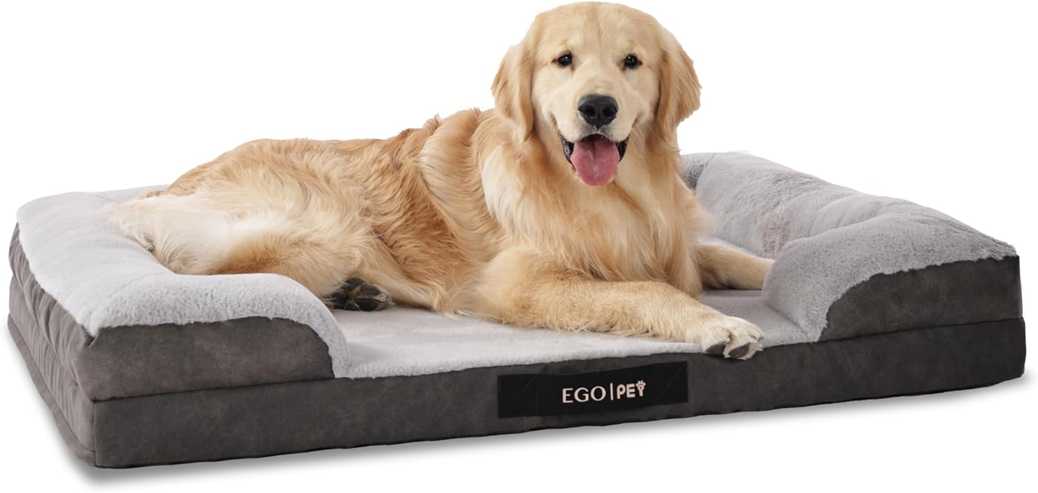 EGOHOME Washable Orthopedic Large Dog Bed with Sides,Durable Memory Foam Pet Couch with Egg-Crate Design & Waterproof Liner & Removable Cover, 35x22x6.5 Inch