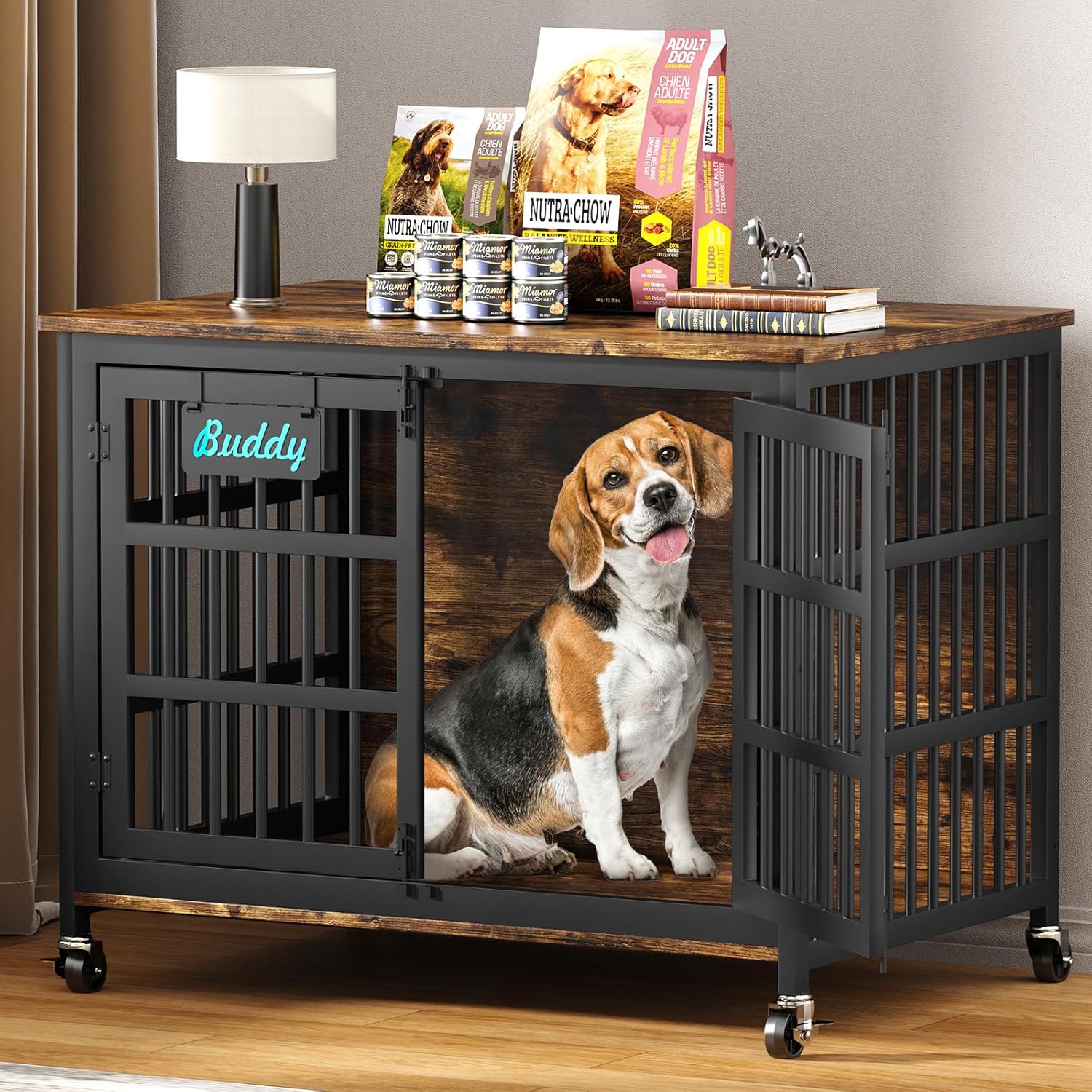EasyCom 41″/33″/27″ Dog Crate Furniture with Name Tag, Heavy Duty Dog Kennel Indoor for Medium Dogs, Double-Doors Sturdy Metal Dog Cage for Anxiety Dog, Decorate House as TV Stand, End Table