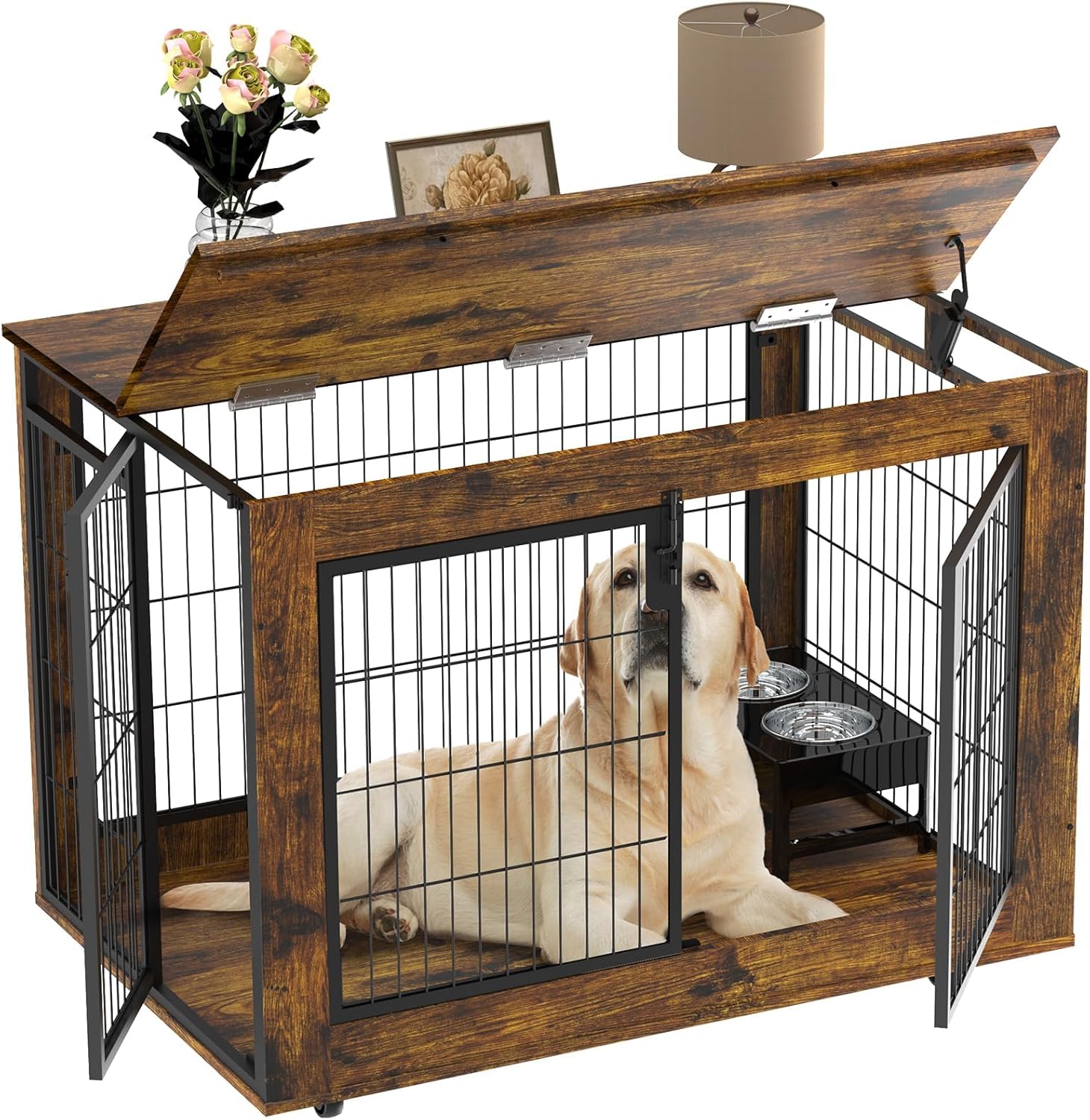 EasyCom Dog Crate Furniture, 41.33″ Extra Large Dog Kennel Indoor with Top-Access Teasing/Feeding Door, Spacious Dog House Moveable Furniture-Style Dog Cage with Wheels-Brown