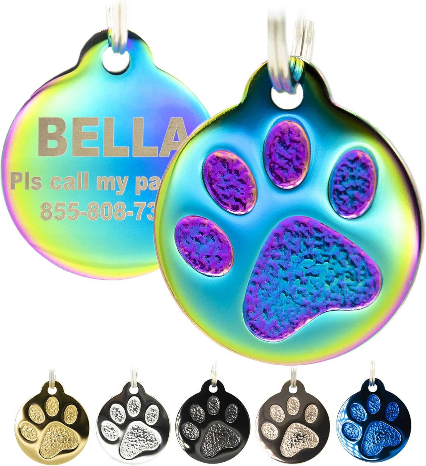 Engraved Pet Tag for Dogs and Cats – Personalized Front & Back up to 8 Lines of Text Custom Engraved ID, Round Paw Print Solid Plating Stainless Steel in 5 colors: Gold, Rose Gold, Blue, Black, Nebula