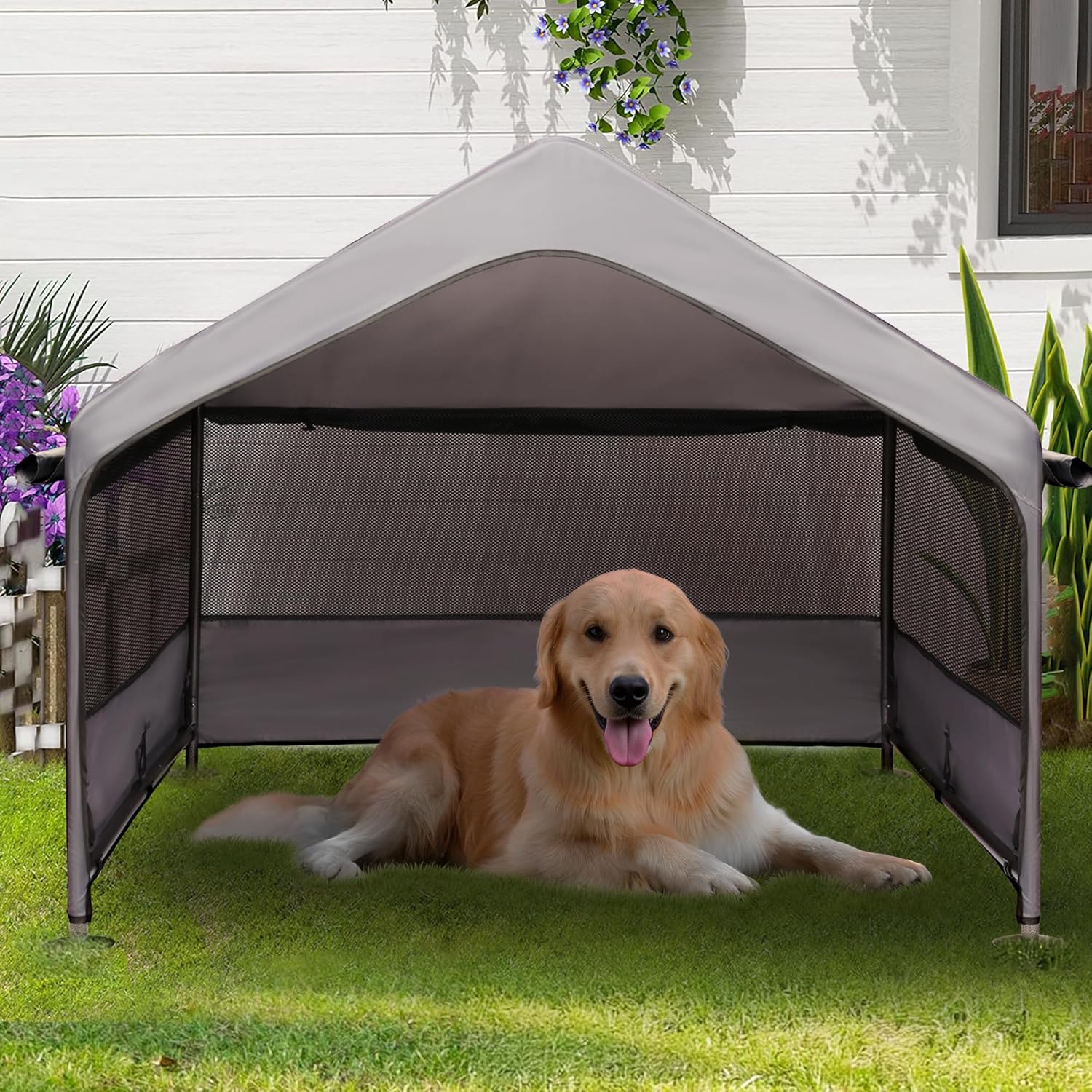 Extra Large Dog House Outdoor with Three-Sided Breathable Mesh Windows, Dog Tent Outside Doghouse Canopy with Ground Stakes, Sun Rain Cover for Cat Livestock Pet, 4’x 4’x 3.3′, Gray