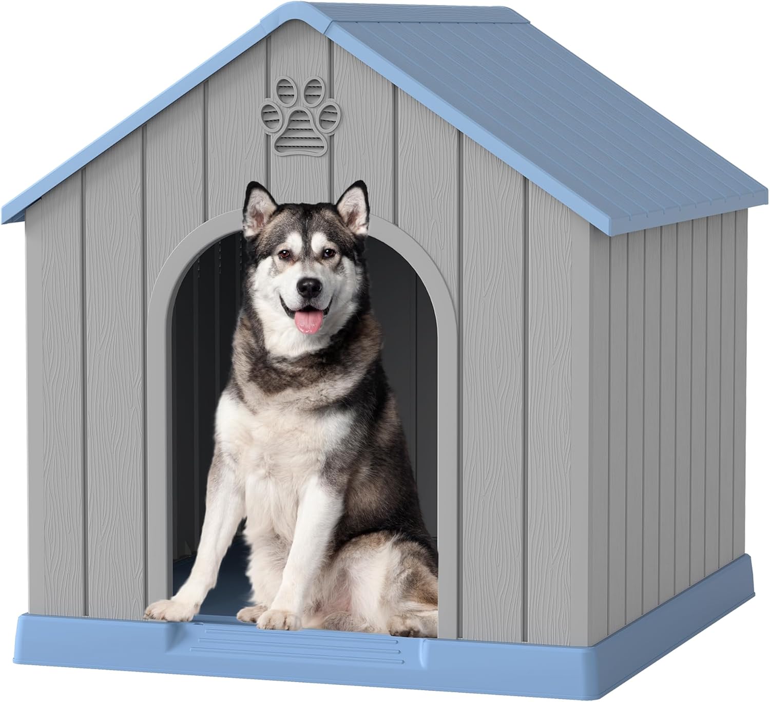 Fancyango Large Dog House Outdoor Indoor, Sturdy Plastic Waterproof Doghouse with Air Vents and Elevated Floor, Easy Clean and Assemble for Medium Large Dogs (Classic Blue, 36.2”L×38”W×38”H)