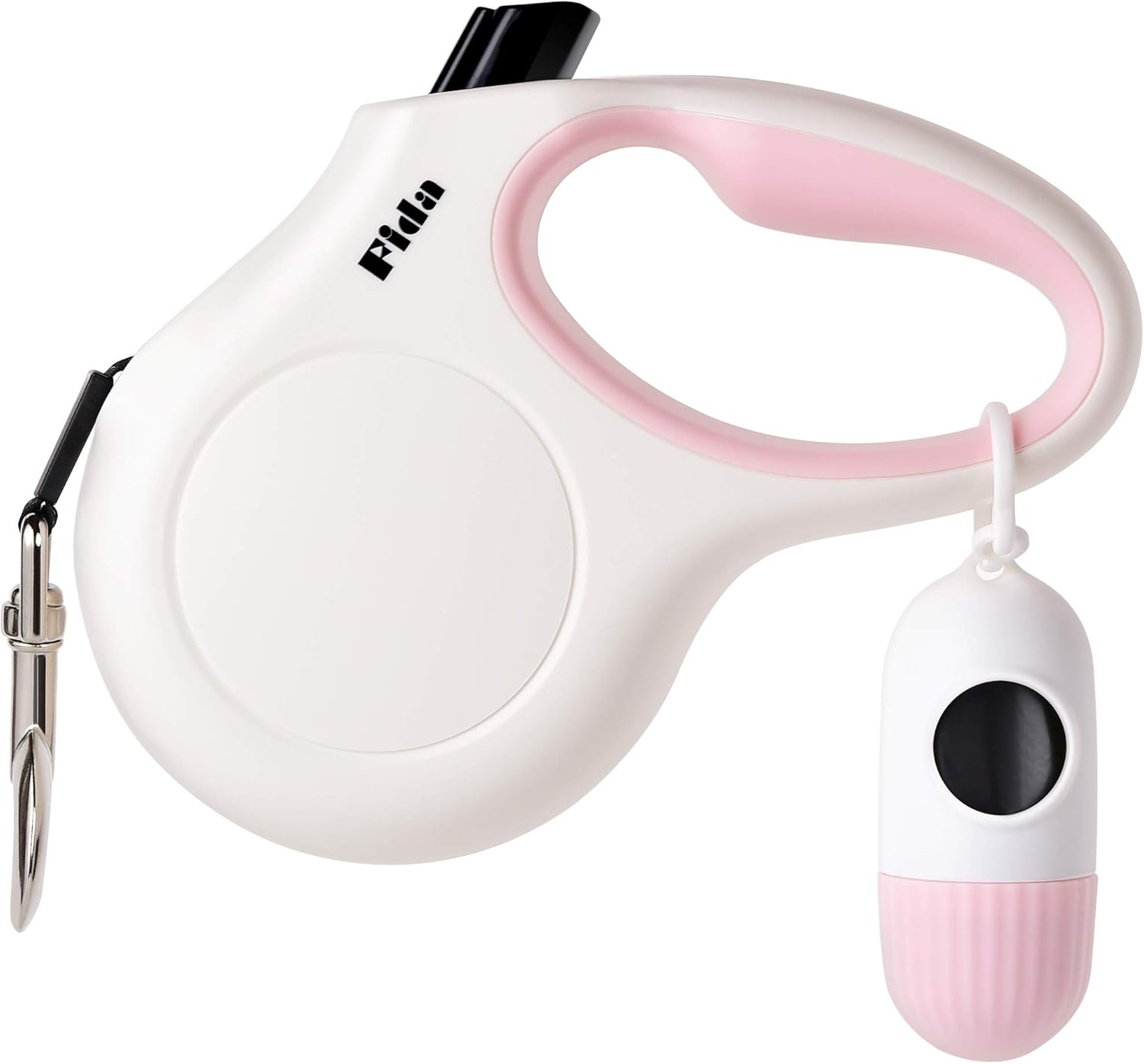 Fida Retractable Dog Leash for Small Breed up to 26 lbs, 16 ft Pet Walking Leash with Dispenser and Poop Bags, Anti-Slip Handle, Reflective Strong Nylon Tape, One-Handed Brake (S, White & Pink)