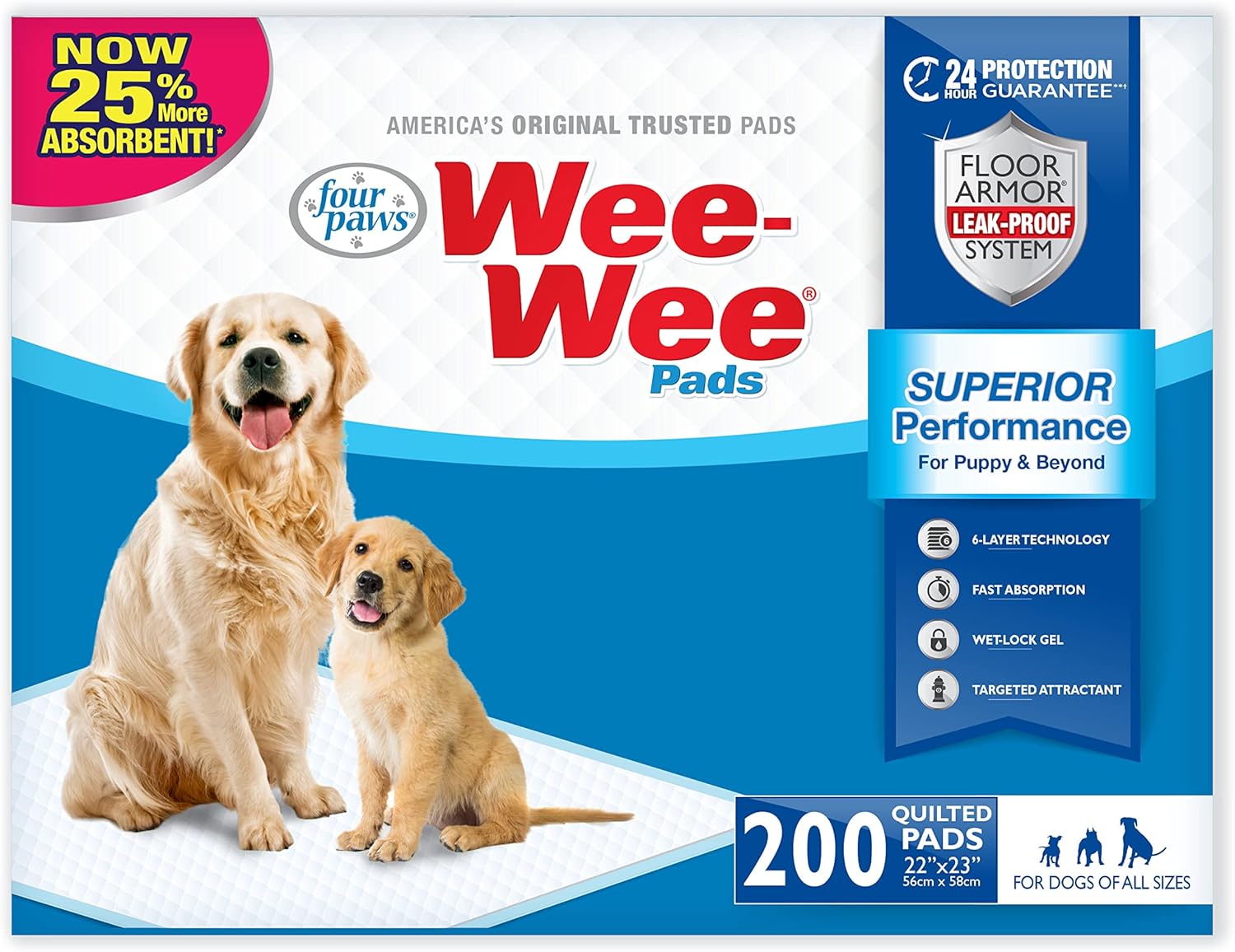 Four Paws Wee-Wee Superior Performance Unscented Pee Pads for Dogs & Puppies, Quilted Leak-Proof Dog Housebreaking Potty Training Floor Protection, 22″ x 23″, 200 Count