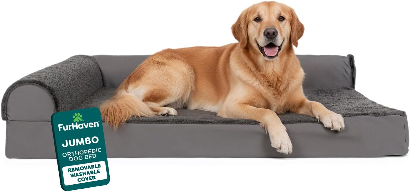 FurHaven Orthopedic Dog Bed for X-Large Dogs, L-Shaped Chaise Mattress with Egg Crate Orthopedic Memory Foam for Joint Support, Removable Washable Cover, Jumbo/XL, Plush & Velvet, Platinum Gray