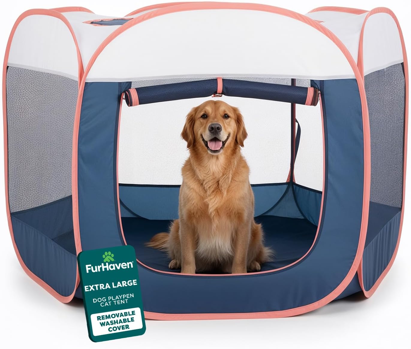 FurHaven Portable Pet Playpen for Dogs & Cats, Extra Large Indoor Kitten Playpen with Mesh Sides, Foldable Dog Playpen for Small Dogs, Pop Up Travel Dog Pen, X-Large, Pet Crate with Mesh Sides, Navy