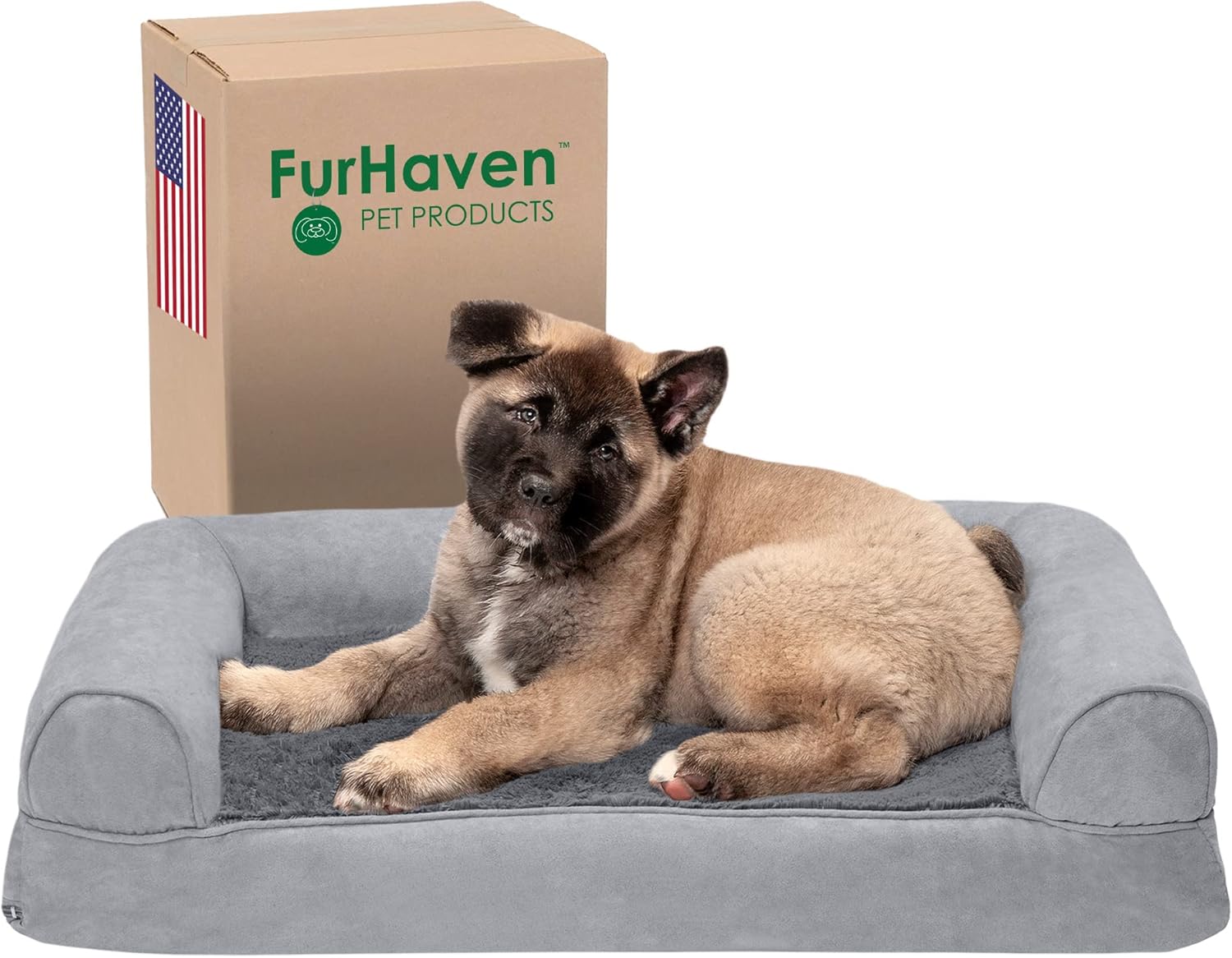Furhaven Memory Foam Dog Bed for Medium/Small Dogs w/ Removable Bolsters & Washable Cover, For Dogs Up to 35 lbs – Plush & Suede Sofa – Gray, Medium